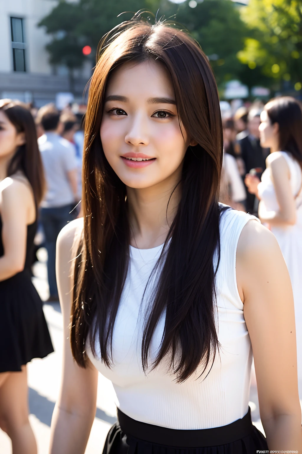 tmasterpiece, best qualityer, realisticlying , Kizi, ssmile, nakeness, In front of a crowd, sportrait,Looks like Liu Yifei