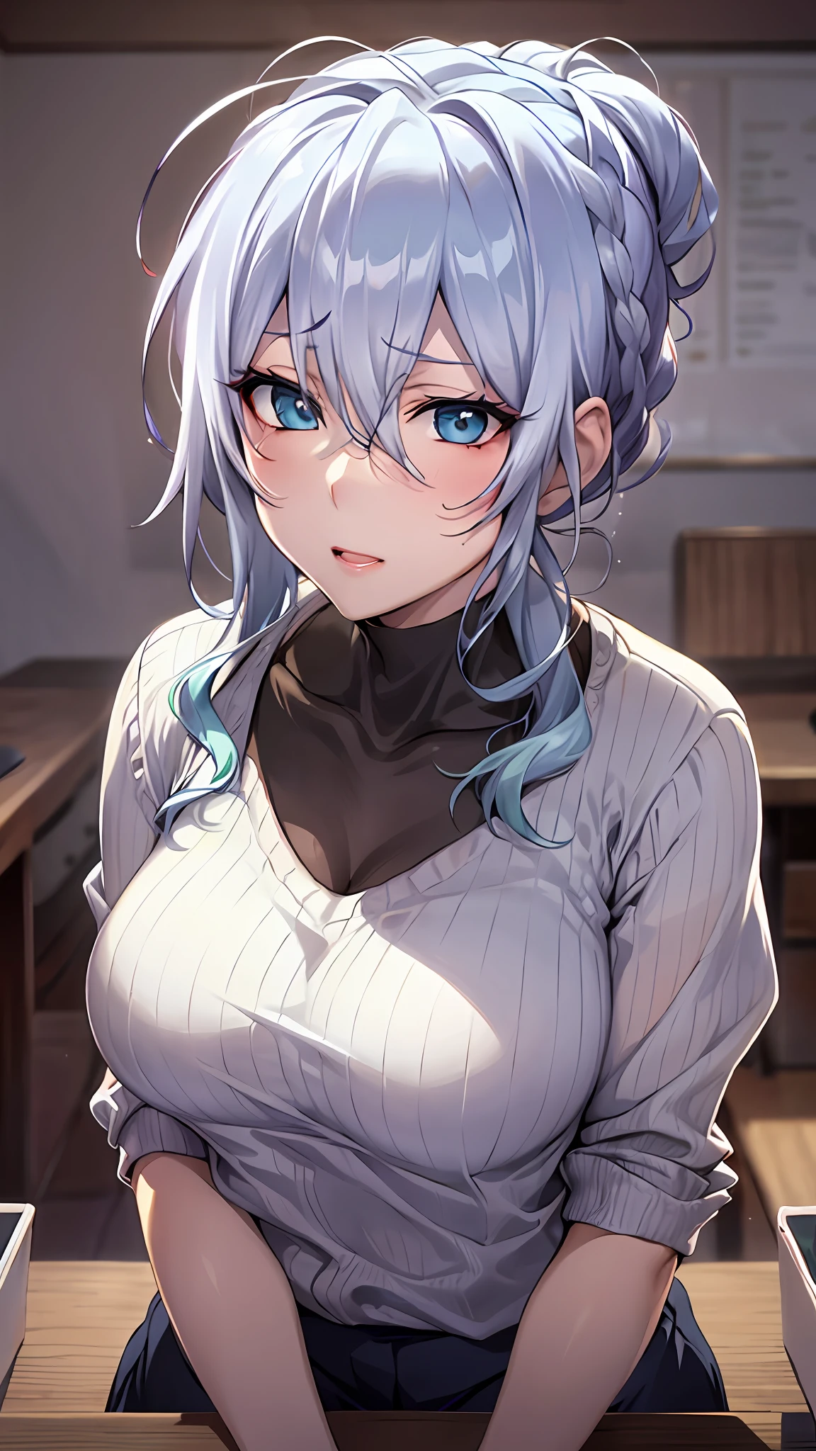 Yukino in school, silver hair, short hair, white shirt and no bra, anime visual of a cute girl, screenshot from the anime film, & her expression is solemn, in the anime film, in an anime, anime visual of a young woman, she has a cute expressive face, still from anime, big breast, red cheek, lustful face, fair skin