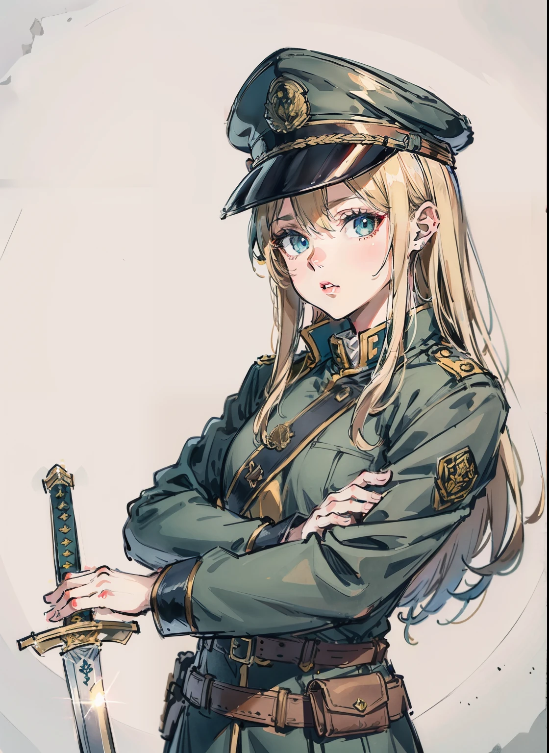 animesque、animations、(top-quality)、(超A high resolution)、(high-detail)、4K、military outfits 、Wearing a military cap、a blond、Longhaire、greeneyes、Hold your sword