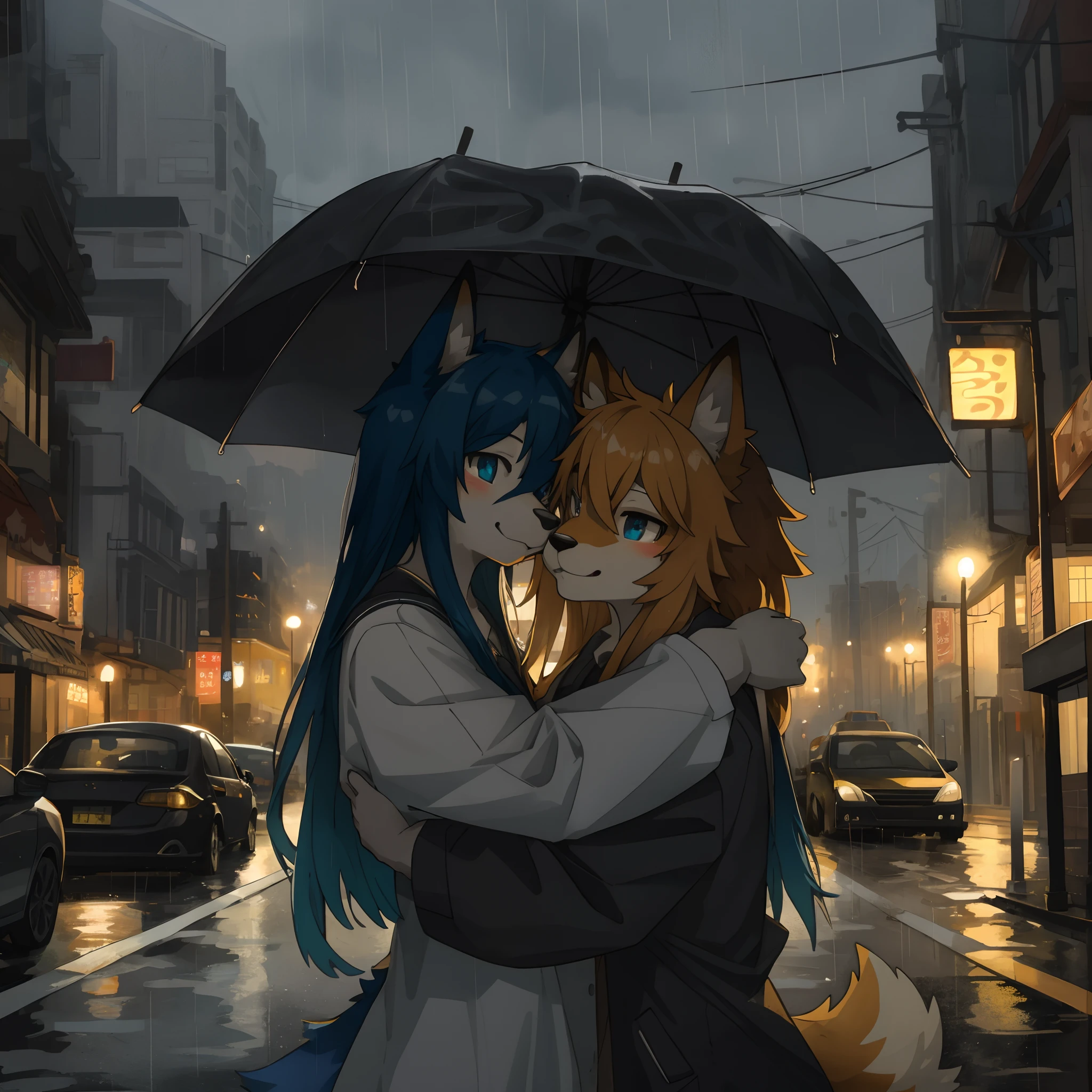 top quality, best quality, High-quality illustrations, masterpiece, super high resolution, detailed background, under the rain, natta, Roads where cars come and go, Man and woman hugging each other, 6+boys, 6+girls, absurdres(highly detailed beautiful face and eyes)perfect anatomy, expression, good lighting, cinematic shadow(kemono, furry anthro)assorted poses, dynamic angle,