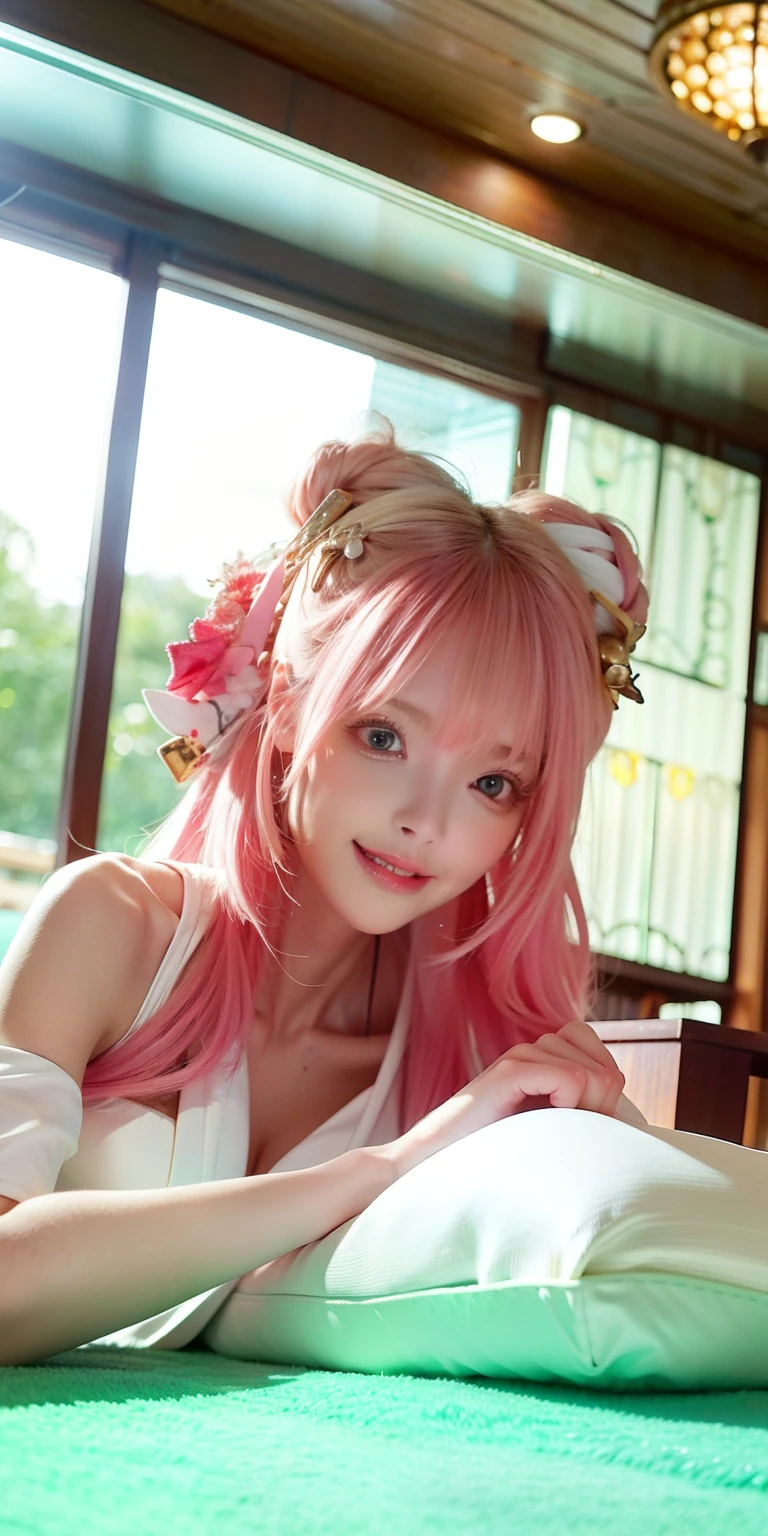 (8K, 4K, Best quality, A high resolution:1.2), (marsterpiece, Realistic, photograph realistic:1.37), 1girll, Solo, Beautiful face, eyeslashes, nase, Glossy lips, (Detailed eyes, view the viewer, Fair skin, White skin:1.5), fine complexion, Upper body,
Large breasts, Busty, , (:1.5),
Outdoor onsen,
two sides up, Absurdly long hair, Blonde hair, Pink hair, bangs, hair adornments, bow,
Younger, aged down,