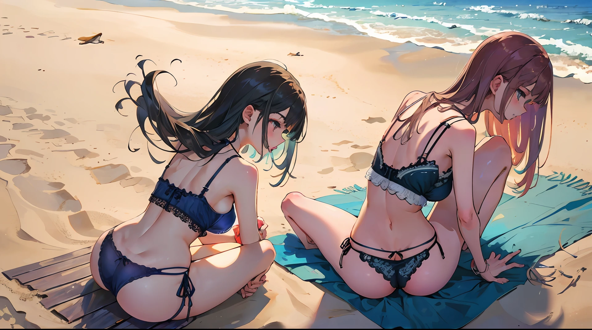 Beach, girlfriends, breasts, bikini, lace bra, lace panties, sitting, close up, two girls, behind view, bending over