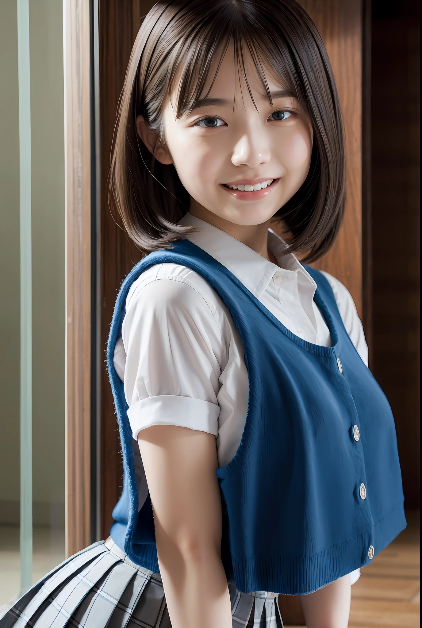 (((medium hair))), best quality, 8K, HDR, highres, absurdres:1.2, blurry background, bokeh:1.2, Photography, (RAW photo:1.2), (photorealistic:1.4), (masterpiece:1.3), (intricate details:1.2), 1girl, solo, japanese girl, delicate, beautiful detailed, (detailed eyes), (detailed facial features), petite, (((big round breasts))), skin tight, (looking_at_viewer), from_front, (skinny), (best quality:1.4), (ultra highres:1.2), cinema light, (extreme detailed illustration), (lipgloss, best quality, ultra highres, depth of field, caustics, Broad lighting, natural shading, 85mm, f/1.4, ISO 200, 1/160s:0.75),1girl, solo, (((blue vest))) smile, ((school uniform, pleated  skirt with checker pattern, classroom))