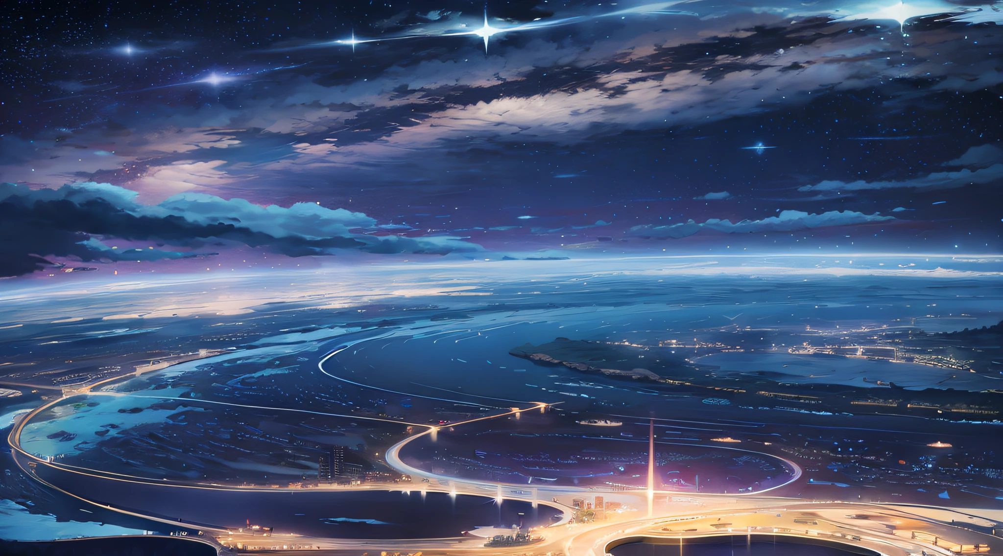 Anime scene of a city with stars and clouds at night, Cosmos Sky. By Makoto Shinkai, 4k highly detailed digital art, 4K anime wallpaper, Makoto Shinkai Cyril Rolando, Anime wallpaper 4 k, Anime wallpaper 4K, Anime art wallpaper 4 K, Anime art wallpaper 4k, anime backgrounds