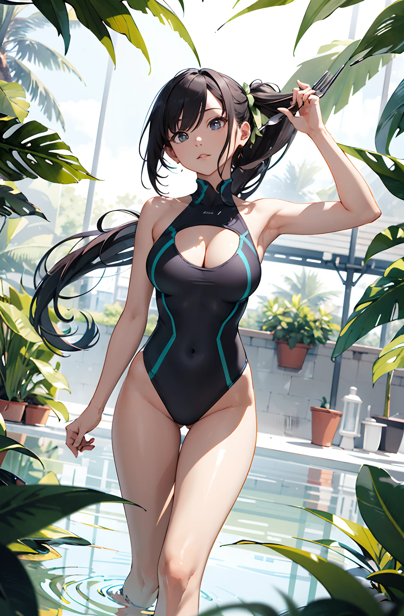 hoang lap,A high resolution,ultra - detailed,(1girll:1.3),Create minimalist designs,with clean lines,Simple shape,Focus on composition and balance。Capture low-light images,Lighting is minimal,And focus on the subtle details and atmosphere of the scene。With delicate lines、Flat colors and images inspired by patterns and compositions。brassier,Large breasts,High-fork swimsuit,F-cup,short black straight hair,long whitr hair,Female Martial Artist,Single horsetail