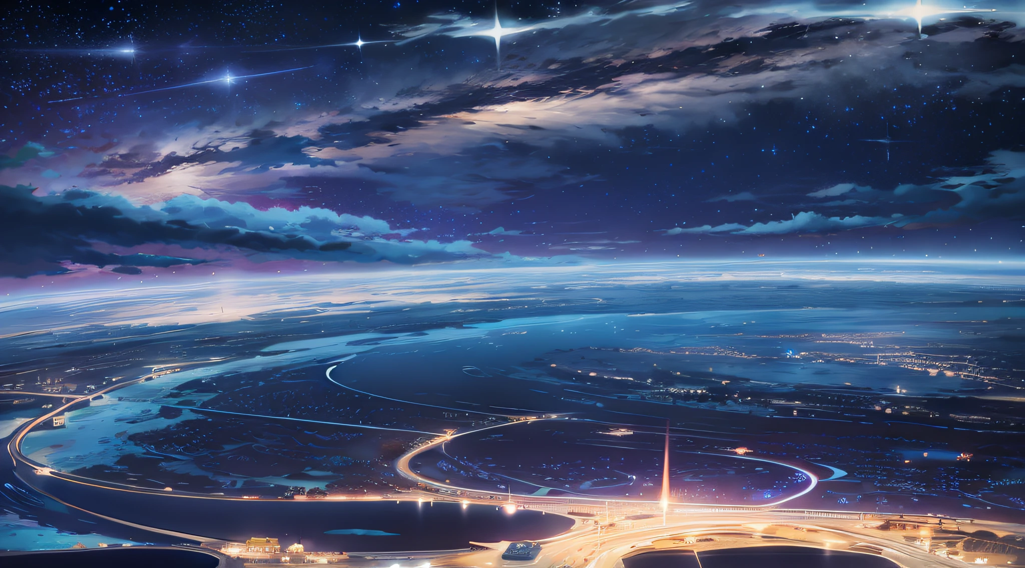 Anime scene of a city with stars and clouds at night, Cosmos Sky. By Makoto Shinkai, 4k highly detailed digital art, 4K anime wallpaper, Makoto Shinkai Cyril Rolando, Anime wallpaper 4 k, Anime wallpaper 4K, Anime art wallpaper 4 K, Anime art wallpaper 4k, anime backgrounds
