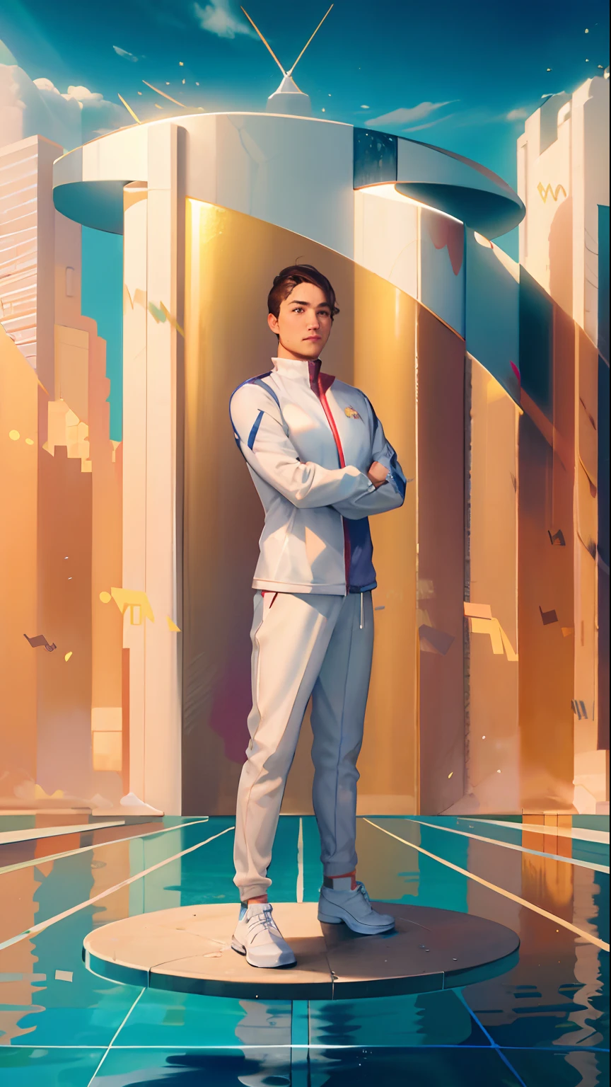 The character image does not change,Stand on a circular countertop,The building behind him is made up of water ripples,The ground is a pool track,keyframe,strongcontrast,photorealestic,contest,Olympic Games,The arrows in the sky are made up of water
