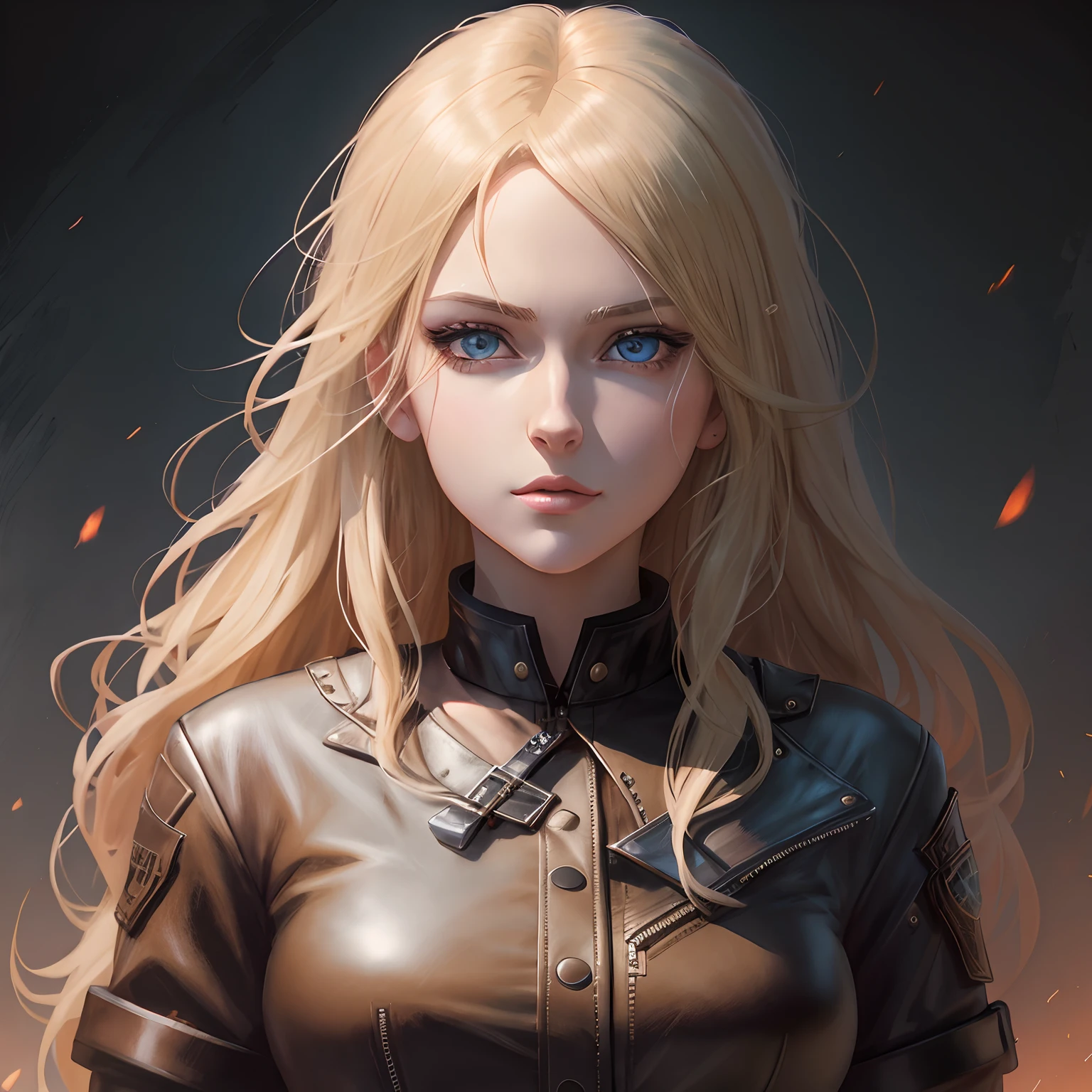 Blonde woman in leather jacket，Blue eyes and black collar, Art germ. anime illustration, detailed portrait of an anime girl, portrait of a female anime hero, artgerm portrait, detailed anime character art, Blonde anime girl with long hair, Art germ. High detail, Extremely detailed Artgerm, Art germ on ArtStation Pixiv，Clothes are bare，Clothes are tattered，huge tit