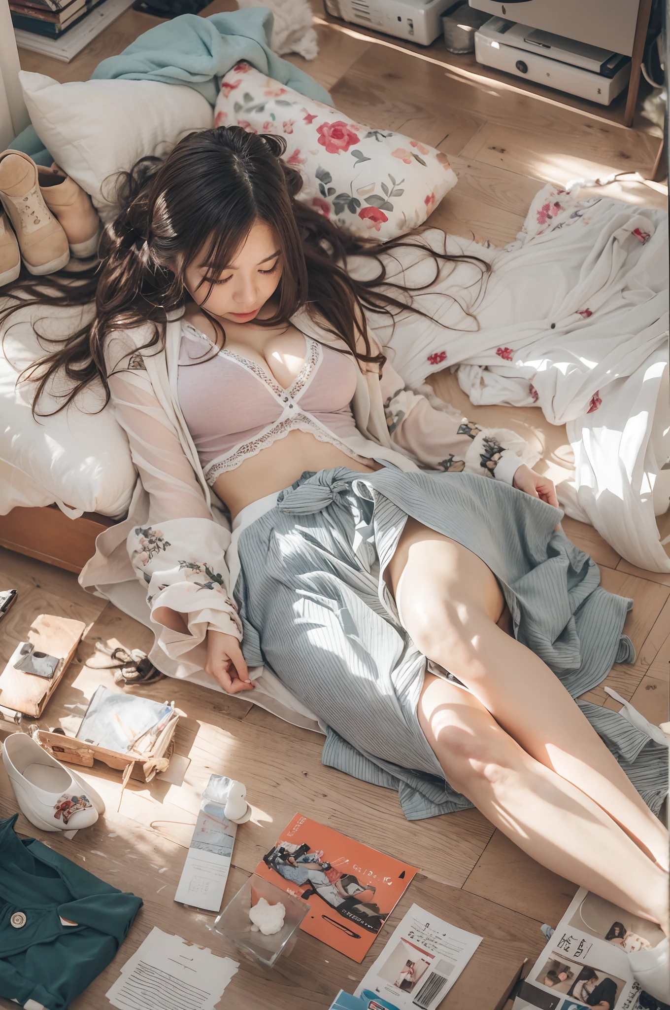((Lie down on the floor and sleep))、((closing eye))、(top-quality、8K、masterpiece:1.3)、Photorealsitic, foco nítido, high-level image quality, hight resolution, Portrait, Solo, japanes, femele, Beautie,23years old, , Small room, (Jumbled background, Messy room:1.3), Clothes stripped off , Messy floor、((Lie down on the floor and sleep))、((closing eye))、dressing gown