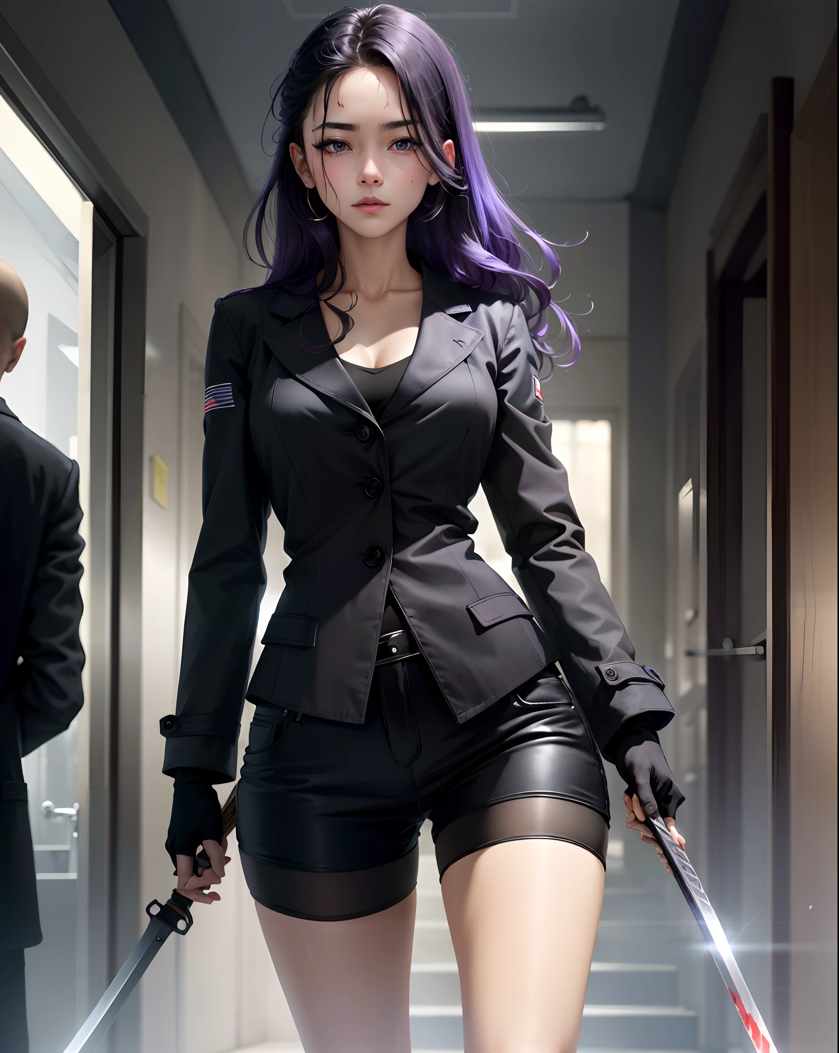 Gorgeous Hair in Long Purple，Purple eyes，Royal sister，bule，quadratic element，The eyes are cold，Black long-sleeved tights，Half-fingered gloves，Hold a sword in hand，Long hair scattered behind him，Long black trench coat，Black  shorts，Easy to move，hitman，face with blood stains，There is a vertical scar on the neck