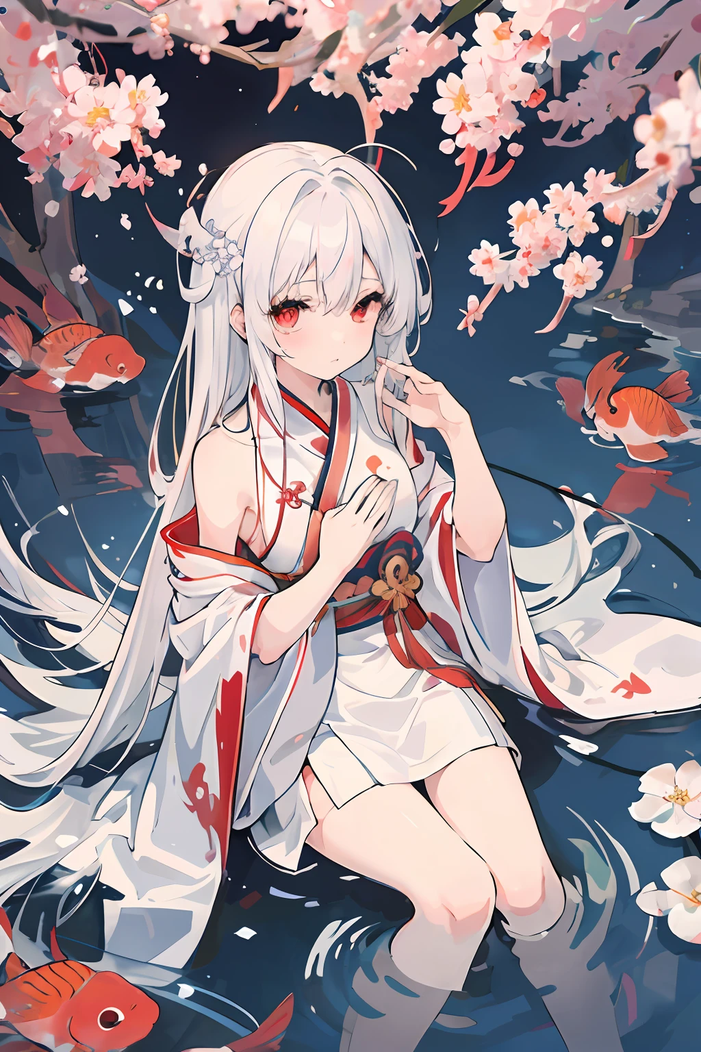 1girl in ,耳Nipple Ring,goldfish ,Pedras preciosas ,sash,under the water ,goldfish,white blossoms ,Akame,Behold ,Sit up, white  hair,鎖骨,long、Komono、Kamimei、looking at the viewers、White Dress、Red Heavenly Woman's Robe