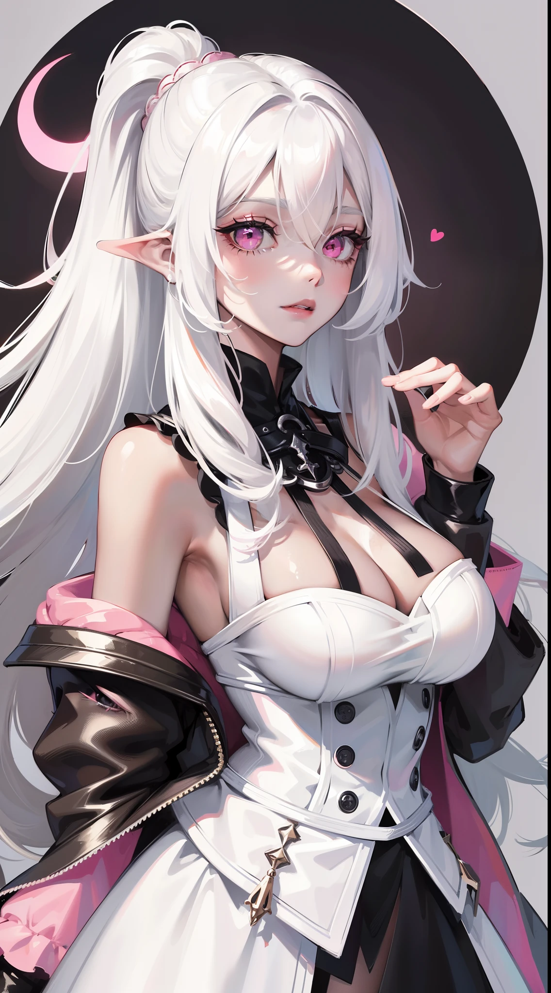 young girl, black skin, Long white hair with a pink parting, pink eyes, smirk, Vampire, White rich dress, Sleeveless, open breasts, Masterpiece, hiquality