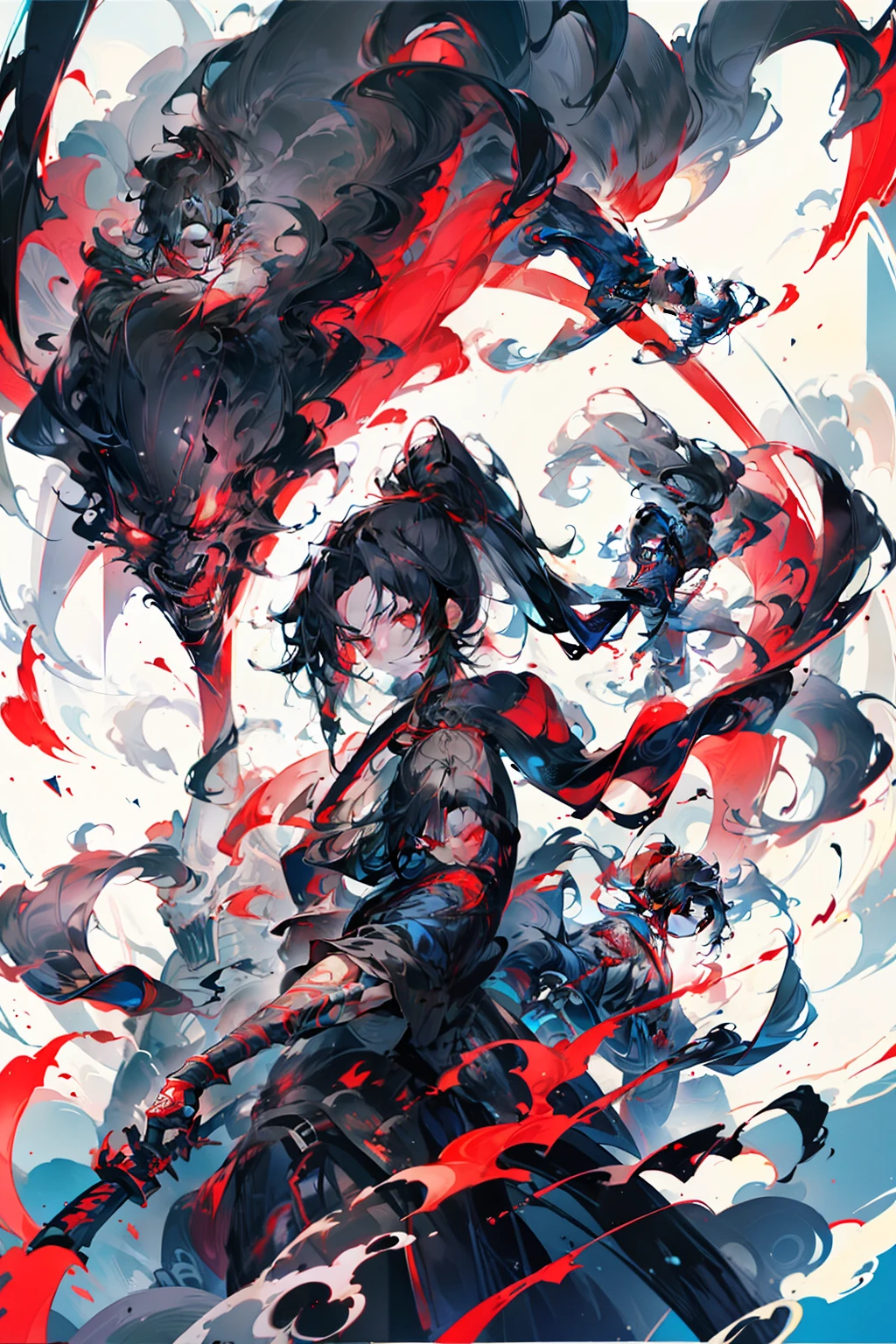 with long black hair,Red-eyed teenage boy,Stand on an empty street at night,extreme hight detail,Blue jacket,Black Hakama,Holding a giant blood-colored scythe in one hand