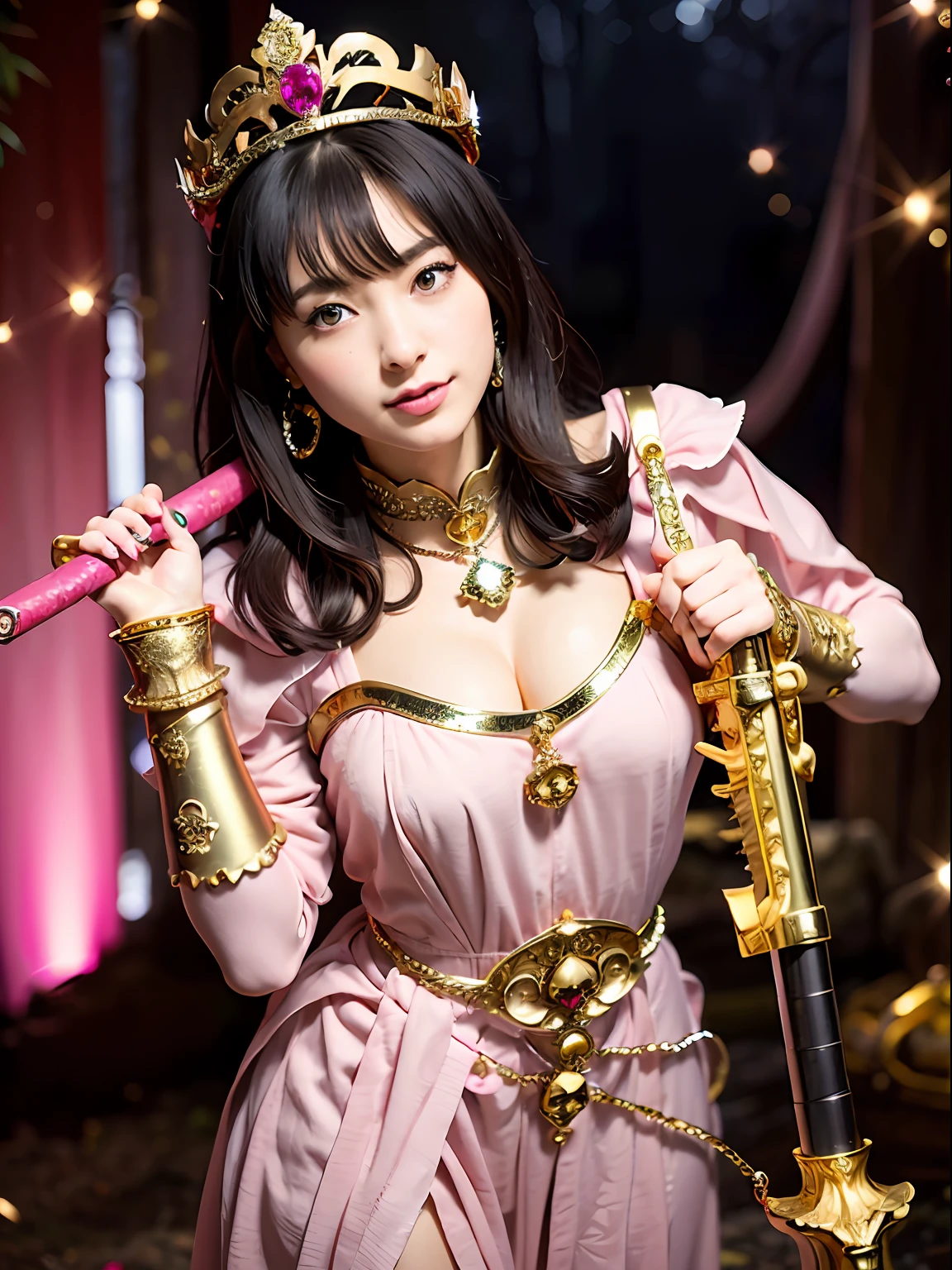 (masutepiece), Professional , masterpiece、top-quality、photos realistic , depth of fields (Gemstone Silver Metal Body:1.9),(Matte Pink、Jewel Gold Weapon(Jewel Metal Body:1.4),Gorgeous metal weapons , Detailed Sword of the Brave , Beautiful knife ,warhammer 40k , adepta sororitas,Detail and ornate jewel crown、Black hair、Gangle's forest background、Beautiful Caucasian beauty、1a person、dynamic ungle,(((Detailed and ornate diamond crown)))、Smaller head、A smile、Take a sexy pose、Background inside the castle、Thin and beautiful female hands、