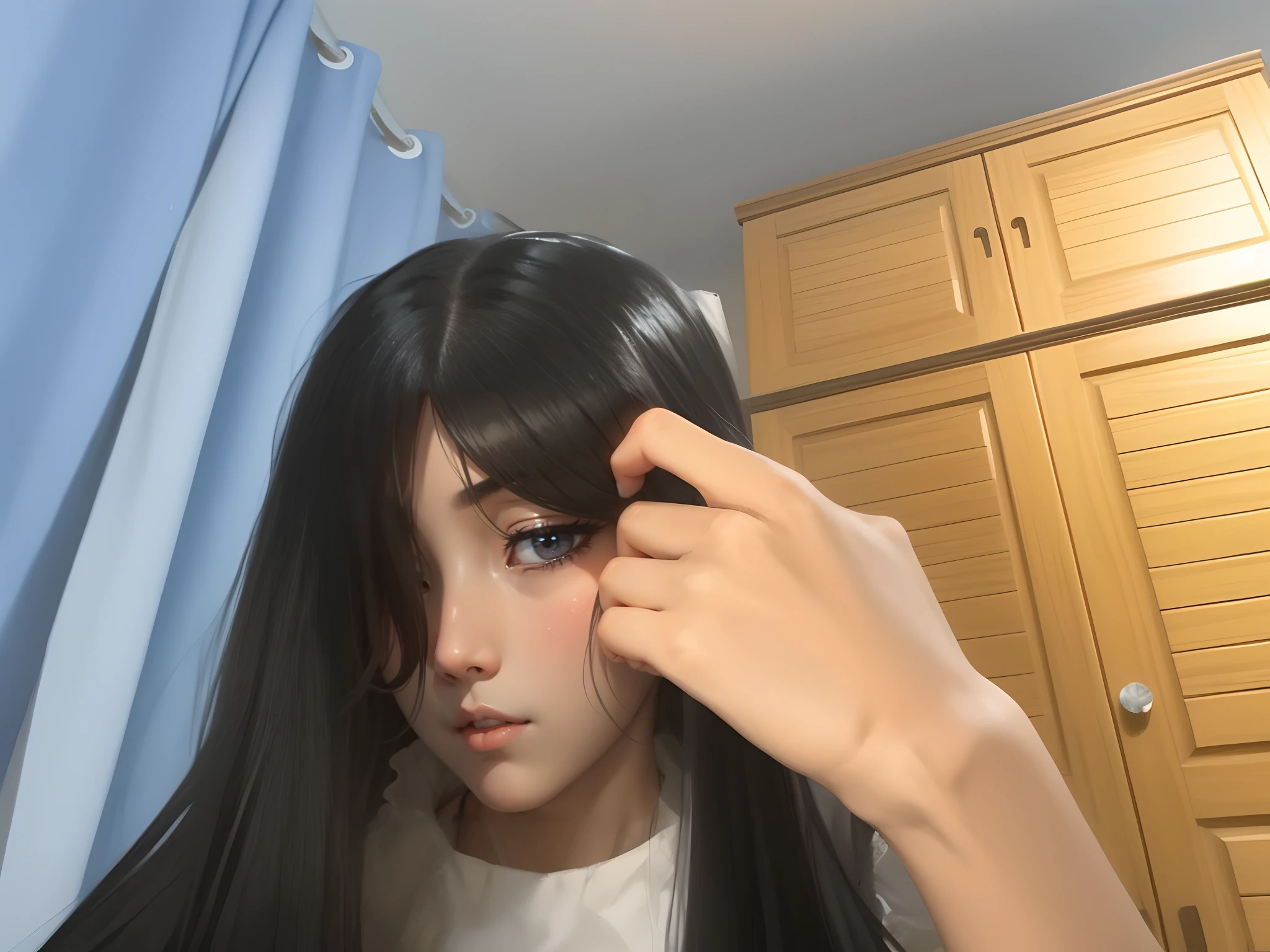 tmasterpiece,Need,illustration,{Beautiful Meticulous Girl},Beautiful and delicate halo,(flame of war:1.2),(Nuclear explosions behind it:1.3),Sateen,detailed lighting,detail water,(美丽细致的眼睛:1.1),expressiveless,Court,skyblue hair,Loose hair,with long bangs,eyebrows very,(White and gray dress:1.1),black ribbon,White tie,upper abdominals,Dumb,florals,longer sleeves