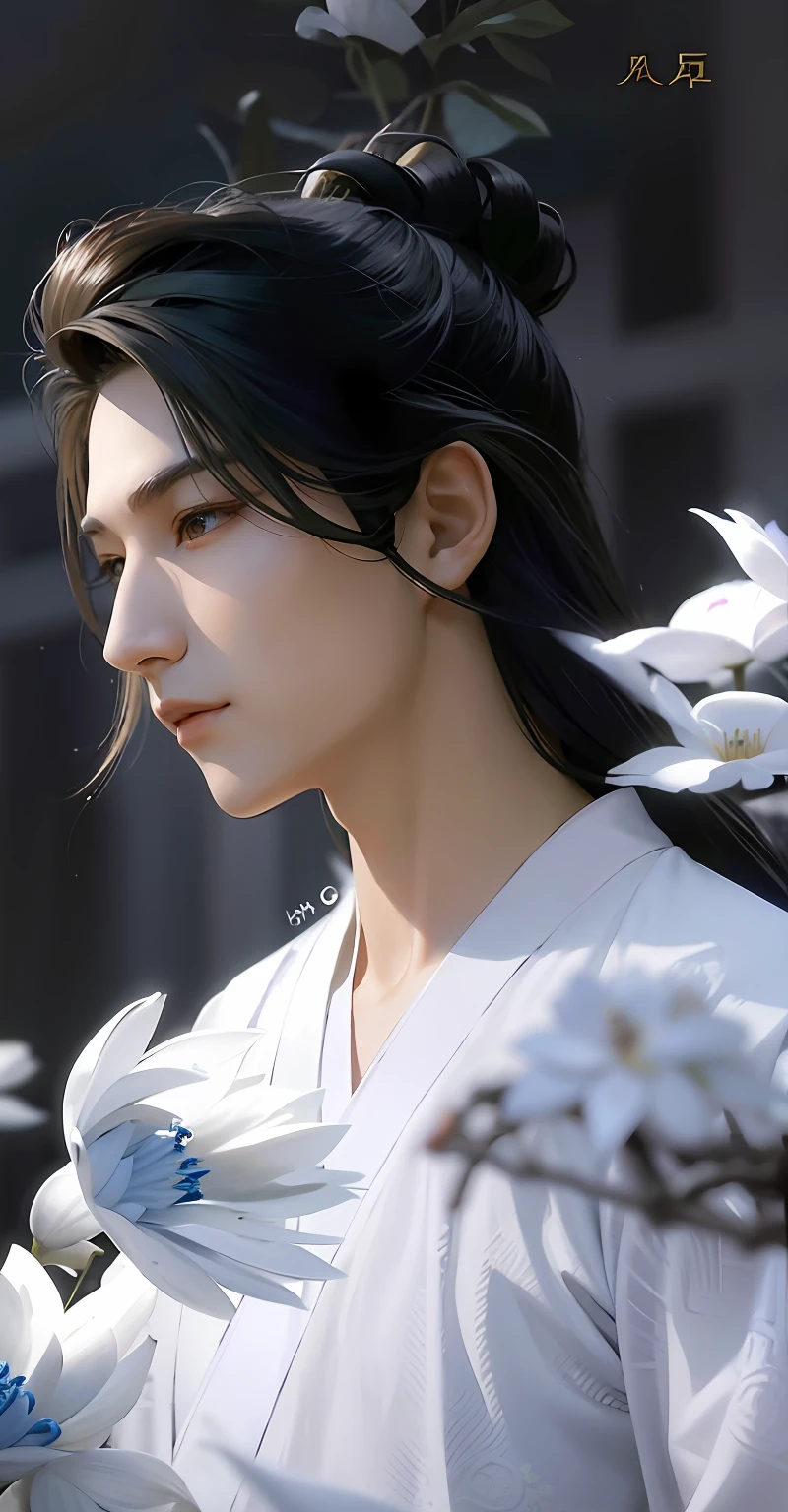 Alpha image of a handsome young man holding a bunch of lotus flowers in his hand, Inspired by Zhang Han, Cai Xukun, young wan angel, inspired by Huang Gongwang, Inspired by Seki Dosheng, inspired by Zhang Yan, Realistic. Cheng Yi, inspired by Wu Bin, inspired by Zhu Derun, Beautiful character painting