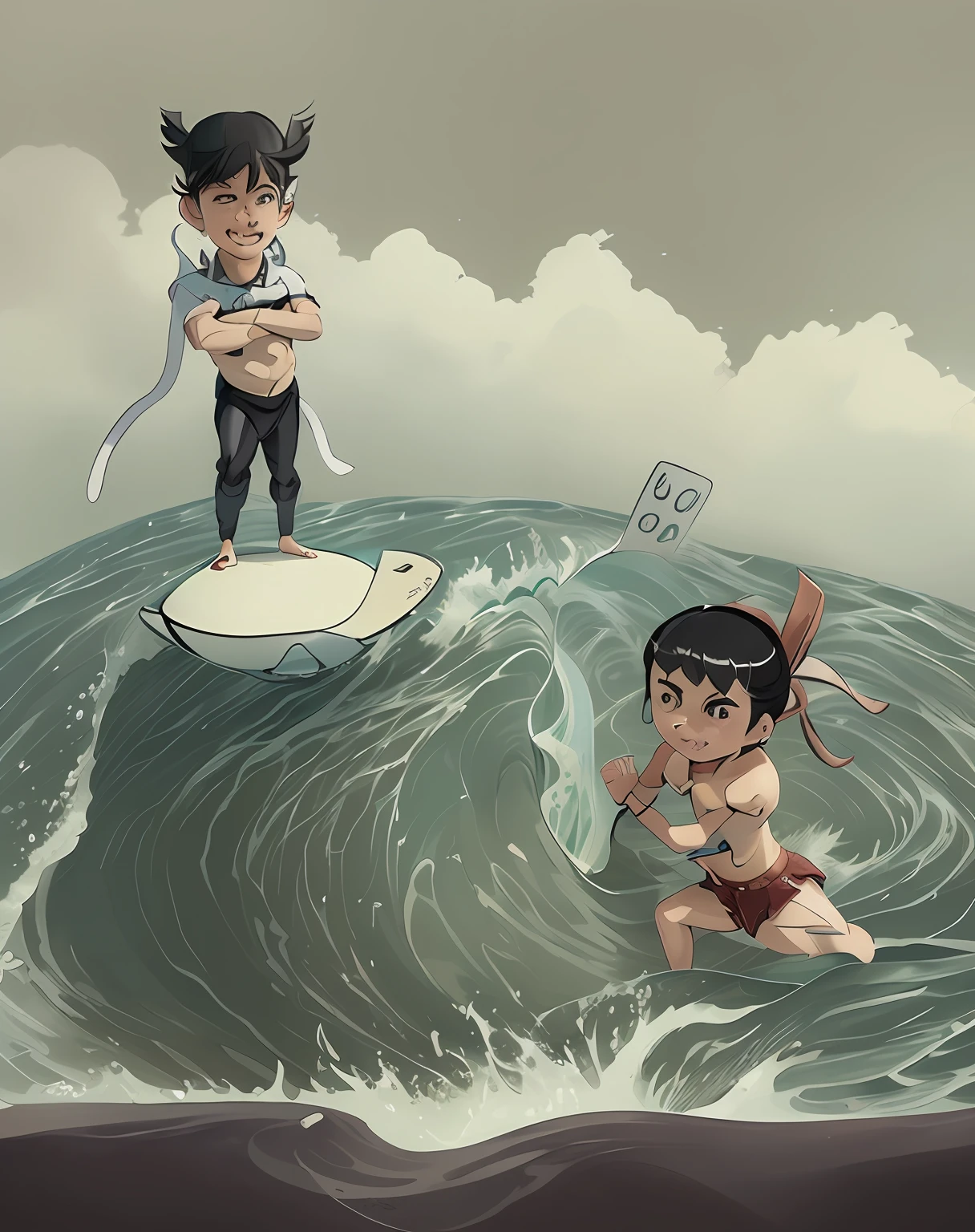 cartoon of a boy and girl surfing on a wave in the ocean, rob rey and kentaro miura style, jc leyendecker and sachin teng, cyril rolando and goro fujita, rob rey and kentarõ miura, rob rey and kentarõ miura style, in the style of sachin teng, loish and goro fujita