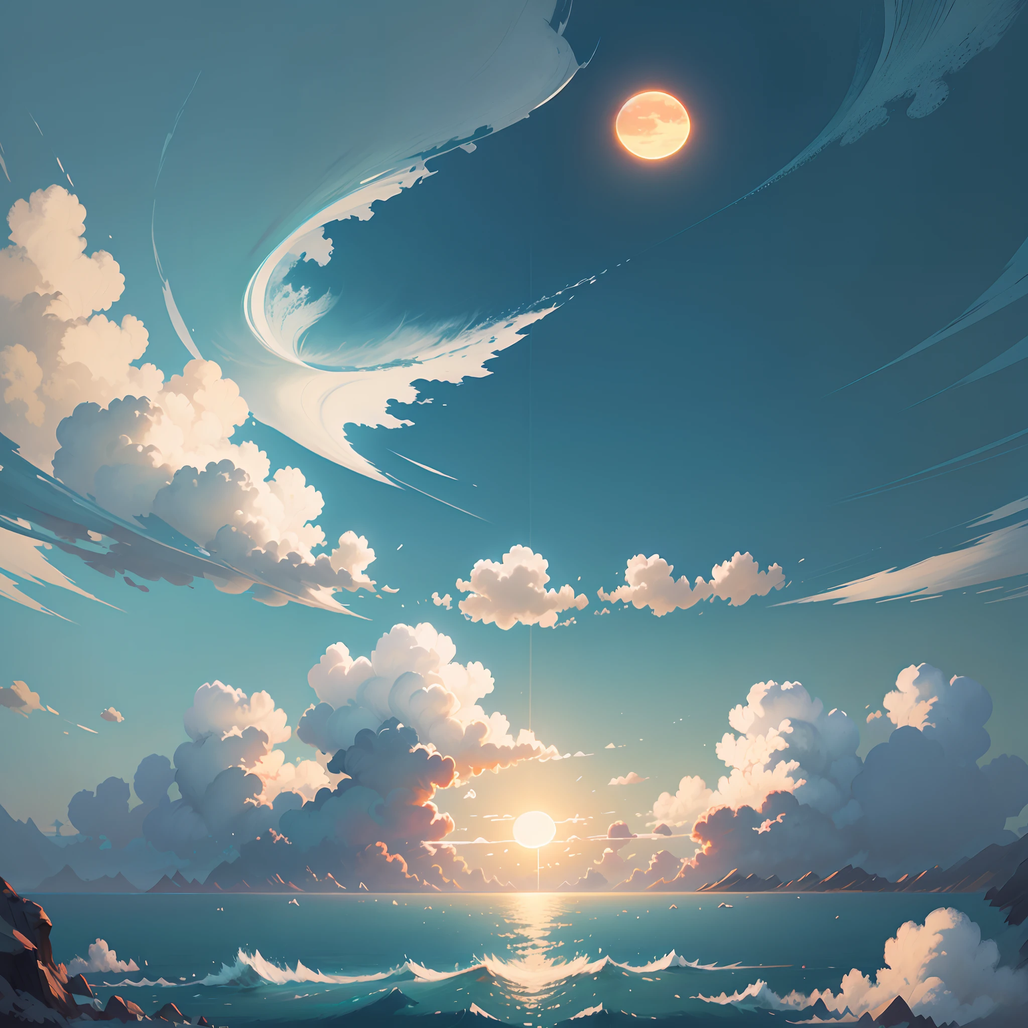 Clear sky, white clouds, vastness of the ocean, rising sun.