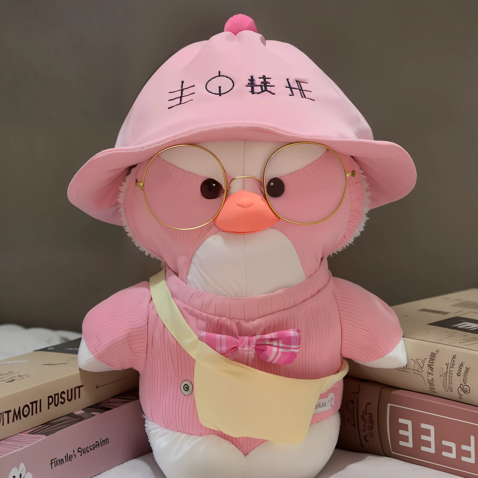 There is a stuffed penguin with a pink hat and glasses, (in pink), stuffed doll, Cute Pocelain doll, Cute:2, 4 8 0 p, 480p, H 576, plushies, plushies, ((Pink)), Middle metaverse, cute toy, H 768, h 7 6 8