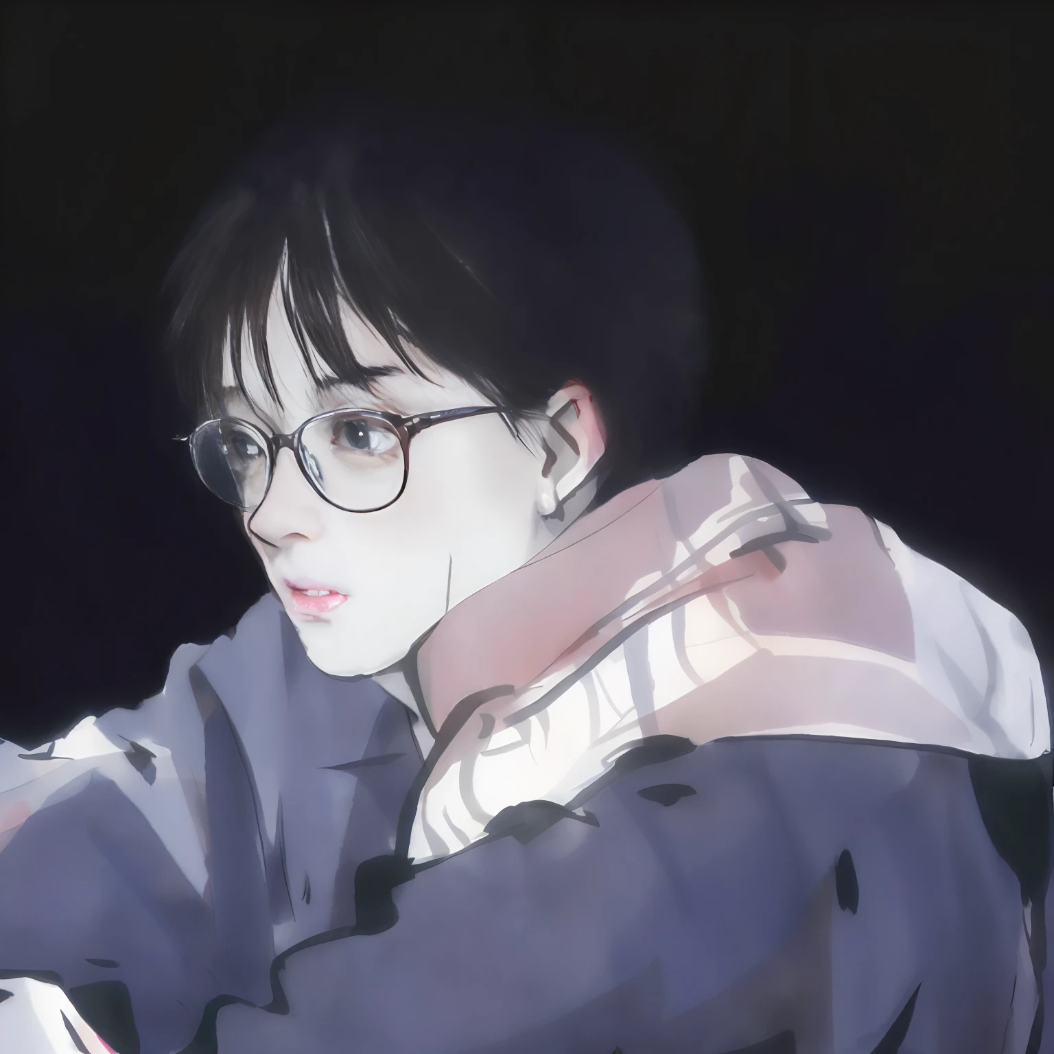 (High quality anime style male characters)+(Glasses detail emphasis)+(Melancholy, sadness)