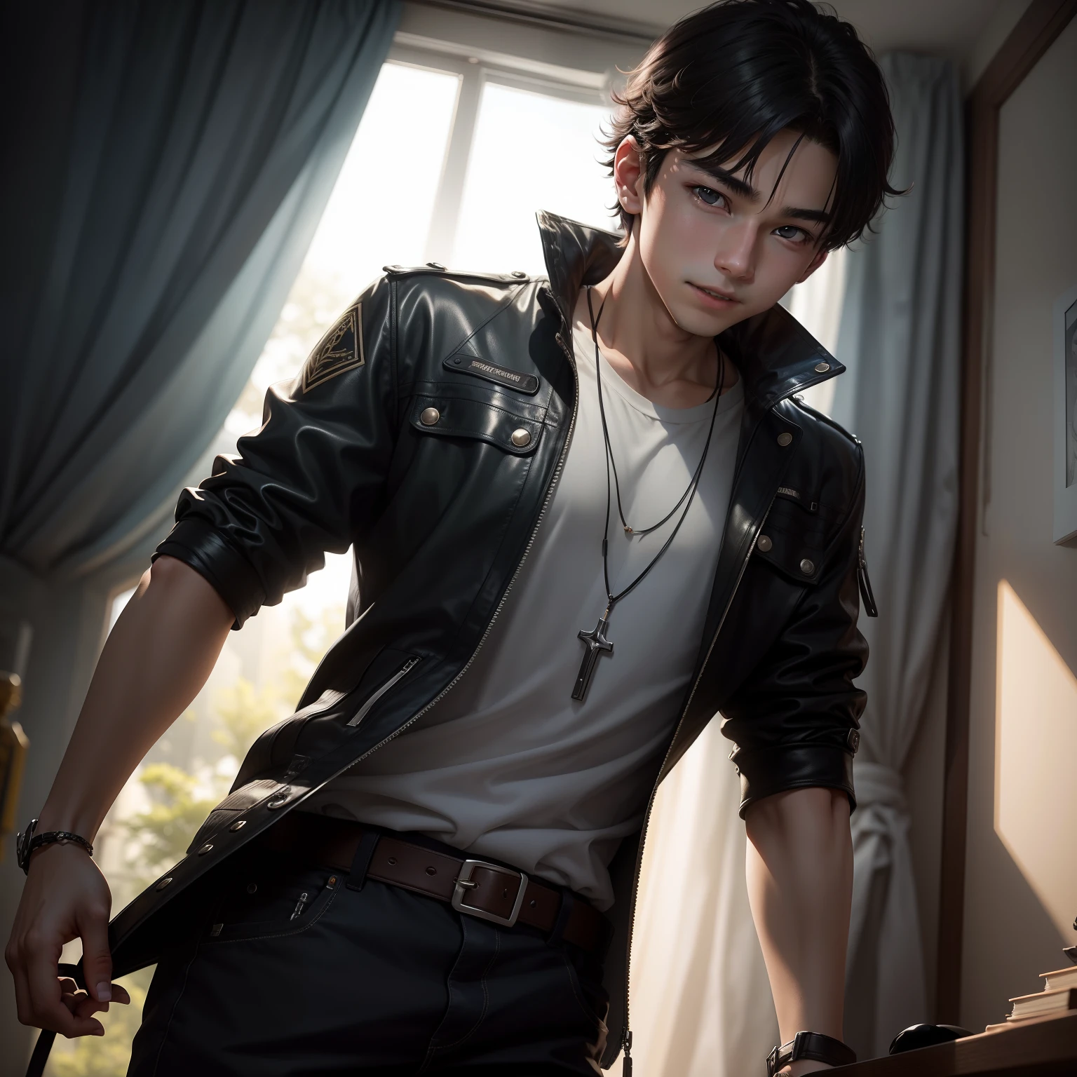 15-year-old boy with good looks, backlight effect,best qualtiy,超高分辨率,tmasterpiece,Realism 5,Dark Department,Evil laughter