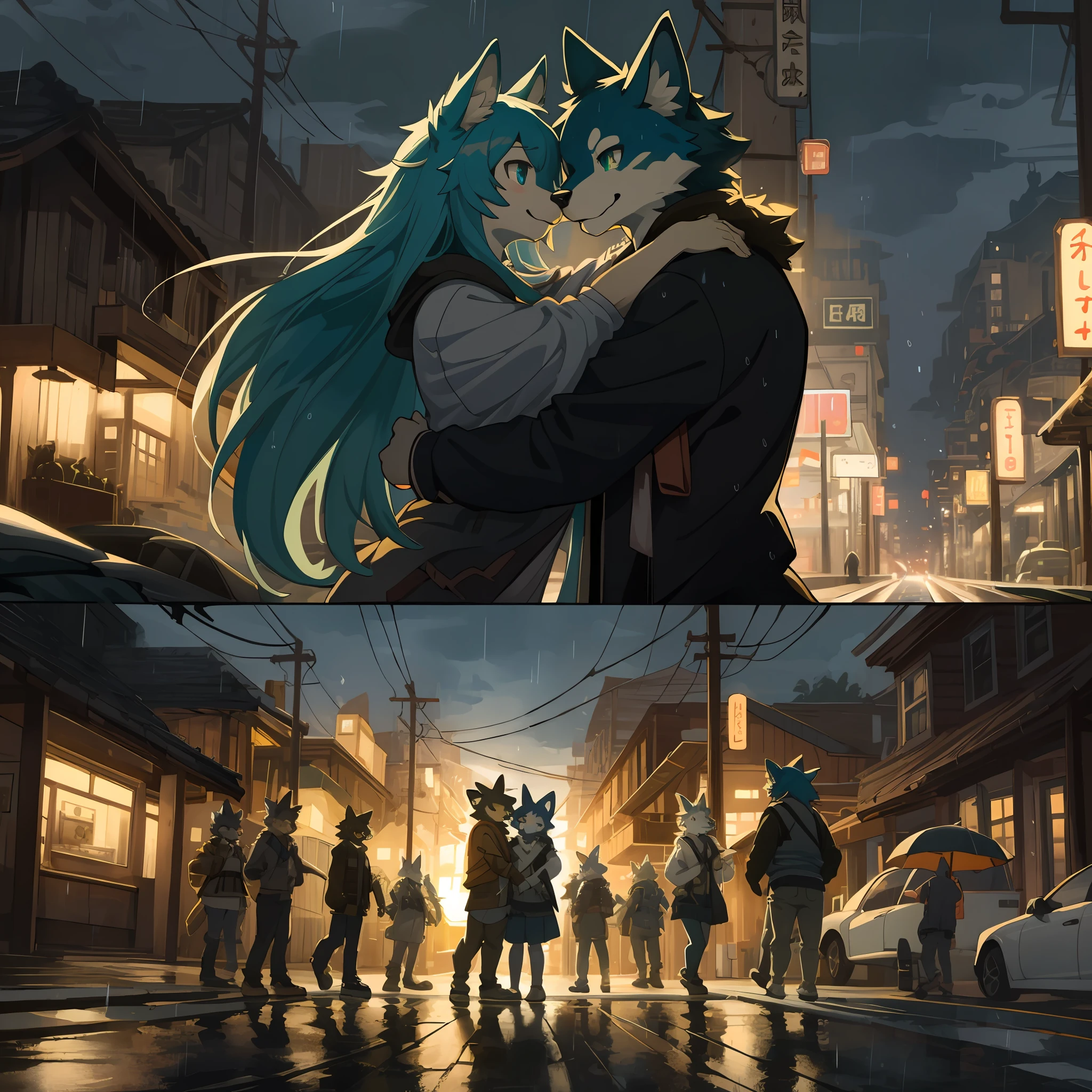 top quality, best quality, High-quality illustrations, masterpiece, super high resolution, detailed background, under the rain, natta, Roads where cars come and go, Man and woman hugging each other, 6+boys, 6+girls, absurdres(highly detailed beautiful face and eyes)perfect anatomy, expression, good lighting, cinematic shadow(kemono, furry anthro)assorted poses, dynamic angle,