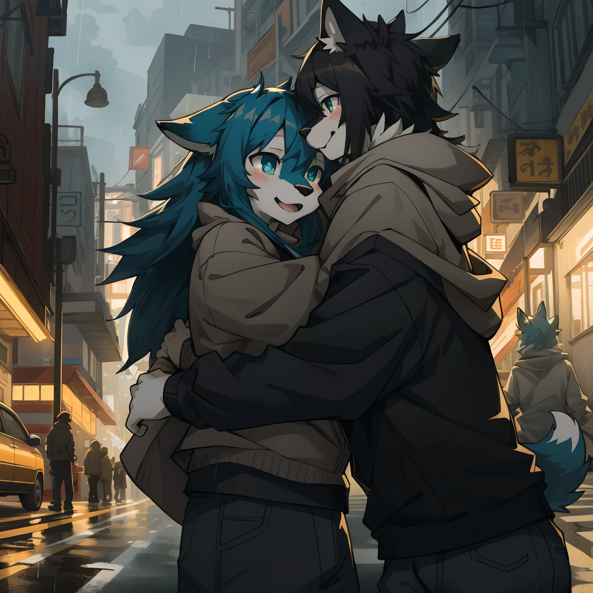 top quality, best quality, High-quality illustrations, masterpiece, super high resolution, detailed background, under the rain, natta, Roads where cars come and go, Man and woman hugging each other, 6+boys, 6+girls, absurdres(highly detailed beautiful face and eyes)perfect anatomy, expression, good lighting, cinematic shadow(kemono, furry anthro)assorted poses, dynamic angle,