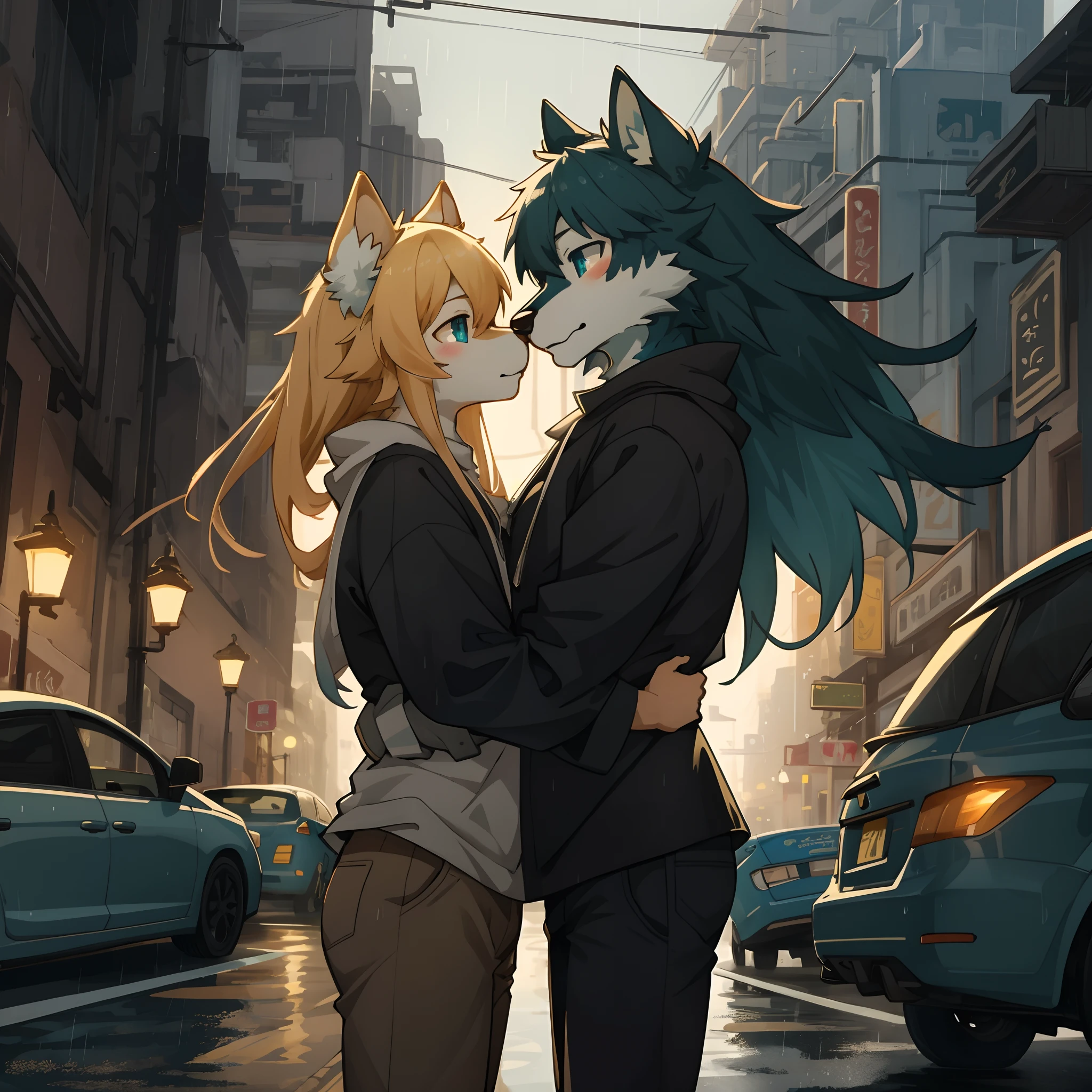 top quality, best quality, High-quality illustrations, masterpiece, super high resolution, detailed background, under the rain, natta, Roads where cars come and go, Man and woman hugging each other, 6+boys, 6+girls, absurdres(highly detailed beautiful face and eyes)perfect anatomy, expression, good lighting, cinematic shadow(kemono, furry anthro)assorted poses, dynamic angle,