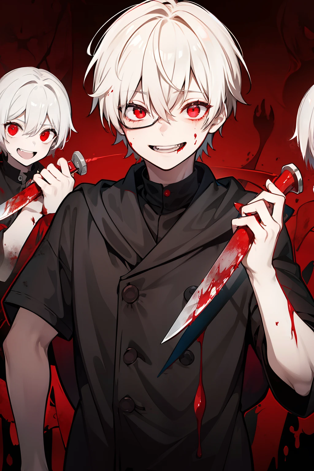 1 male、twinks、Mash、Blood everywhere、blood splashing、Guess the face、laugh、Murderous ghosts、Holding a knife、dark hue、Red hue、Hunting、