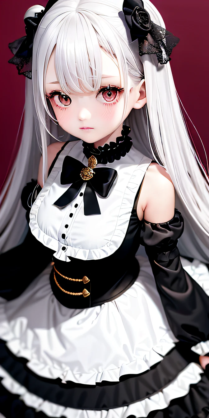 Superb masterpiece:silber hair、Golden-eyed loli,Wearing black and white Lolita,Look up,Fair skin,Bigchest,Lolita full dress,Split skirt