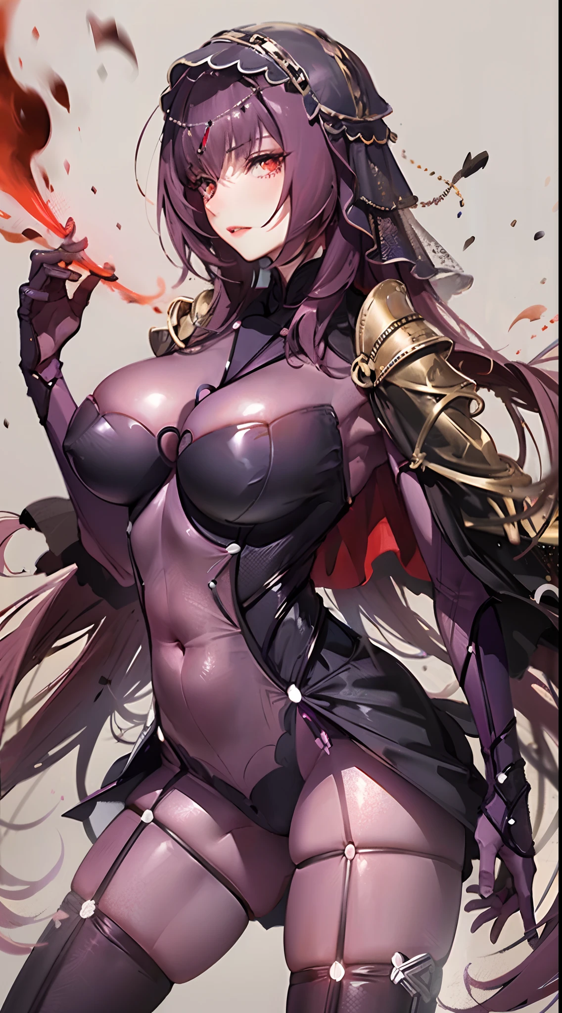 scathach,Fleshy thighs，with a pure white background，huge tit，Vigorous，China-style，High-class design sense，Promotional poster style，Red cheongsam，highly rendered，详细的脸