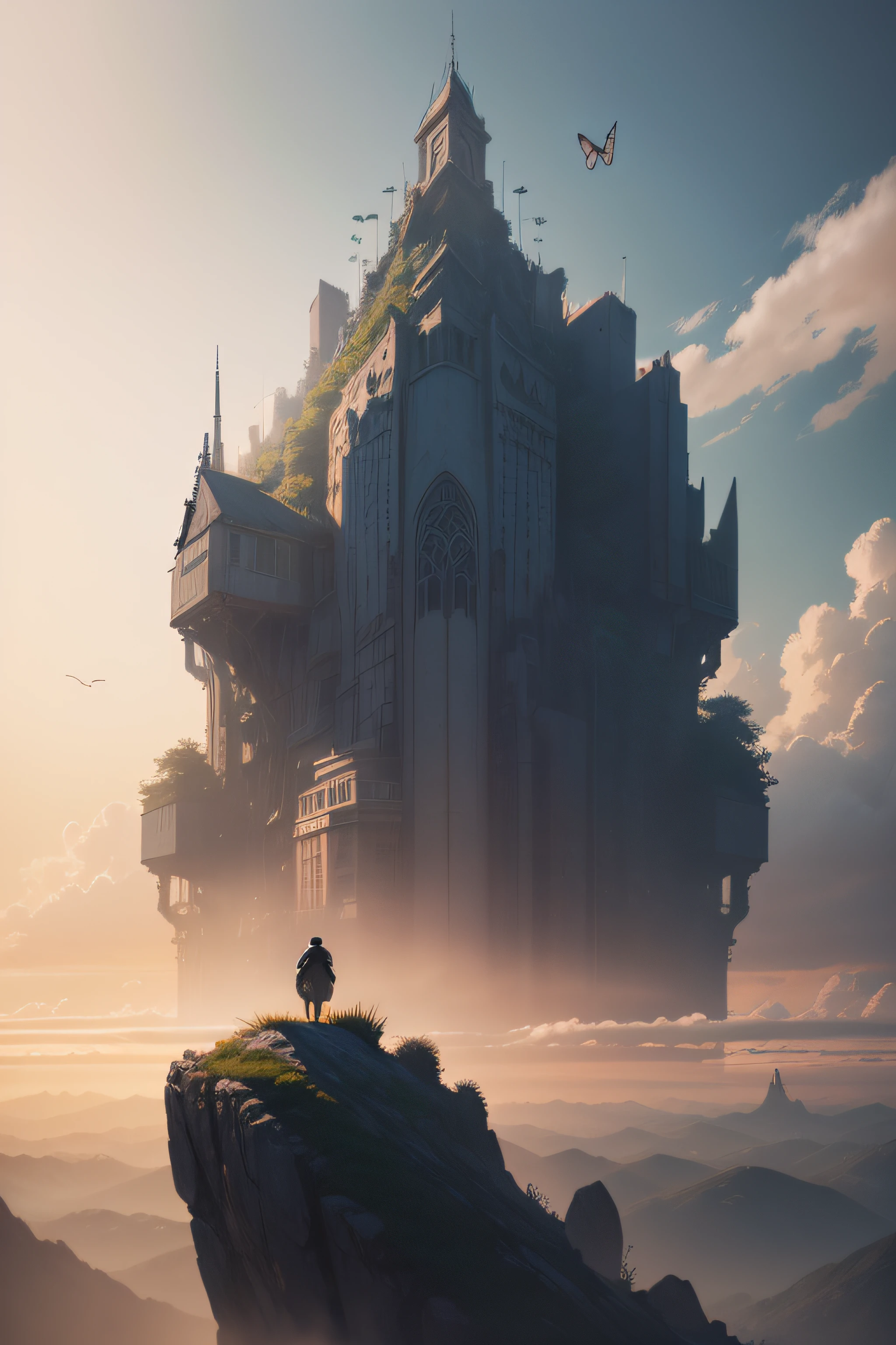 a highly detailed matte painting of a man on a hill watching a giant butterfly, by makoto shinkai, by artgerm, by wlop, by greg rutkowski, volumetric lighting, octane render, 4k resolution, trending on artstation, masterpiece
