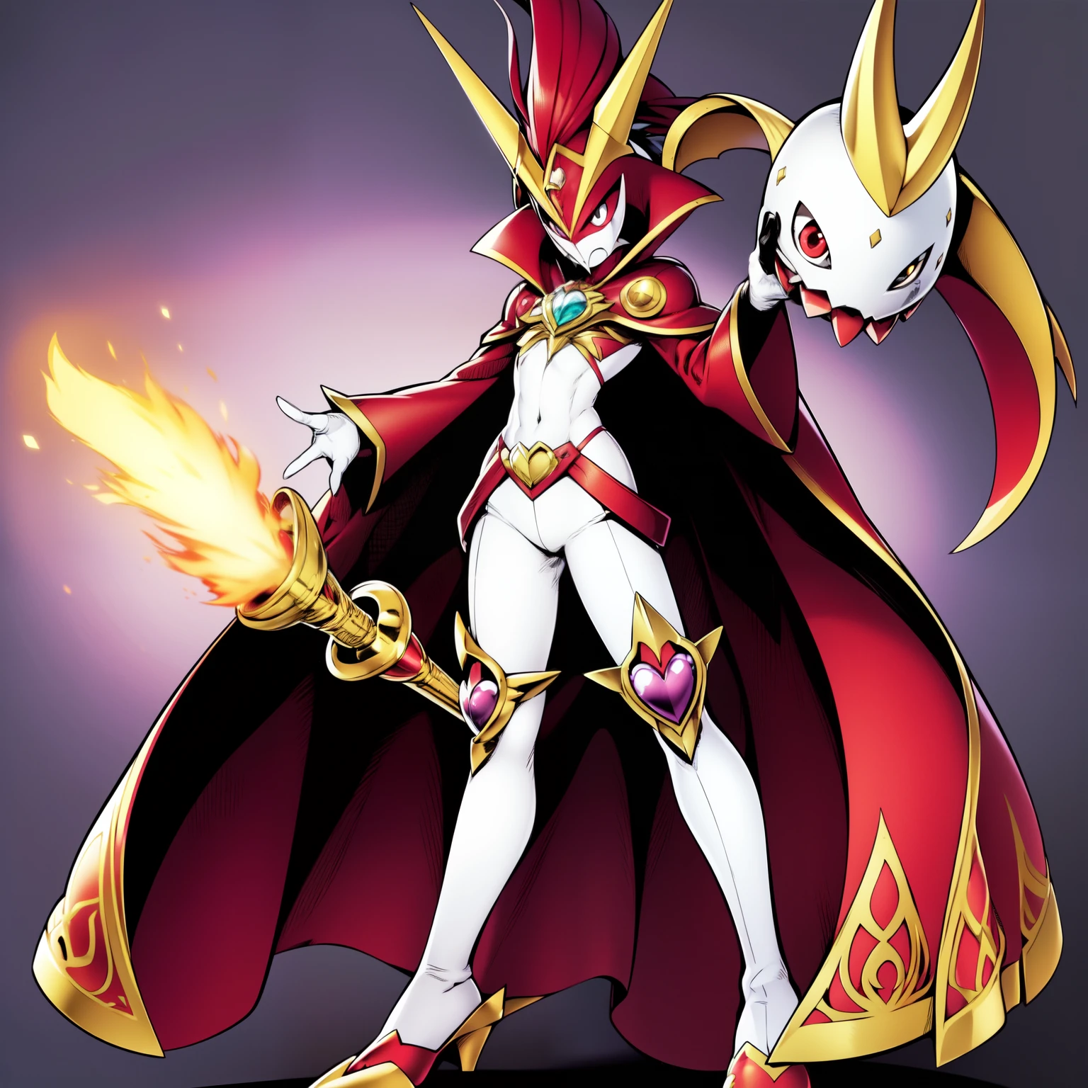 (masterpiece, best quality:1.2), solo, male focus, ((1boy)), ((riddle rosehearts as a Digimon 1.0)), angry, closed mouth,pout , looking at viewer, holding a scepter, mini crown, white shirt, cape, Pants ((white , black ,red and gold color scheme:1.4)),(( pink skin))((queen of hearts themed 1.1)), ((Plant monster)), fairy ,digimon \(creature\),(( Lilimon inspired:1.5 )),(( mouth covered by mask)),((heart Details))