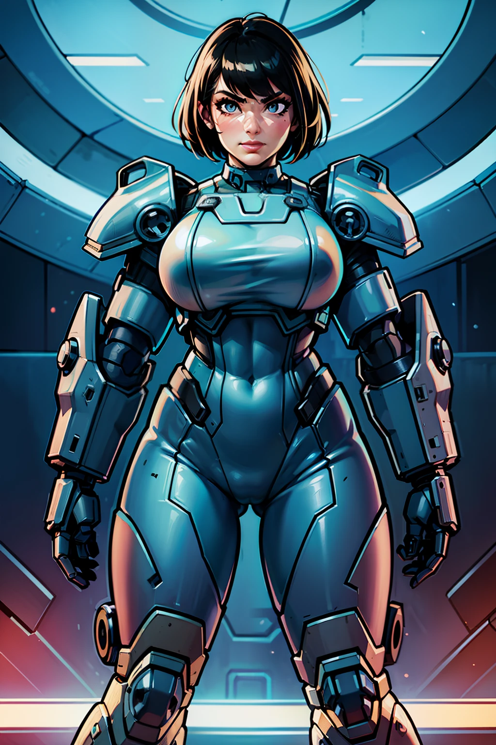 sexy, professional artwork, detailed eyes, beautiful eyes, beautiful face, flawless face, gorgeous face, smooth features, large breasts, blush, thick thighs, beautifully detailed background, sci-fi, science fiction, future, neon lights, space ship interior, space ship, space, space visible through window, outer space, mechanical background, power armor, power suit, armored, armor, cyberpunk, cyborg, cyborg woman, cybernetics, cybernetic, robot, robotic arm, robotic leg, smiling, short hair, black hair, black armor, metroid, metroid prime, heavy armor, mecha suit, combat scene, intense action, chubby, thick, curvaceous, voluptuous, thick thighs, wide hips, belly, soft, full figure, big beautiful woman, pudgy, retro armor, bare metal armor, rust