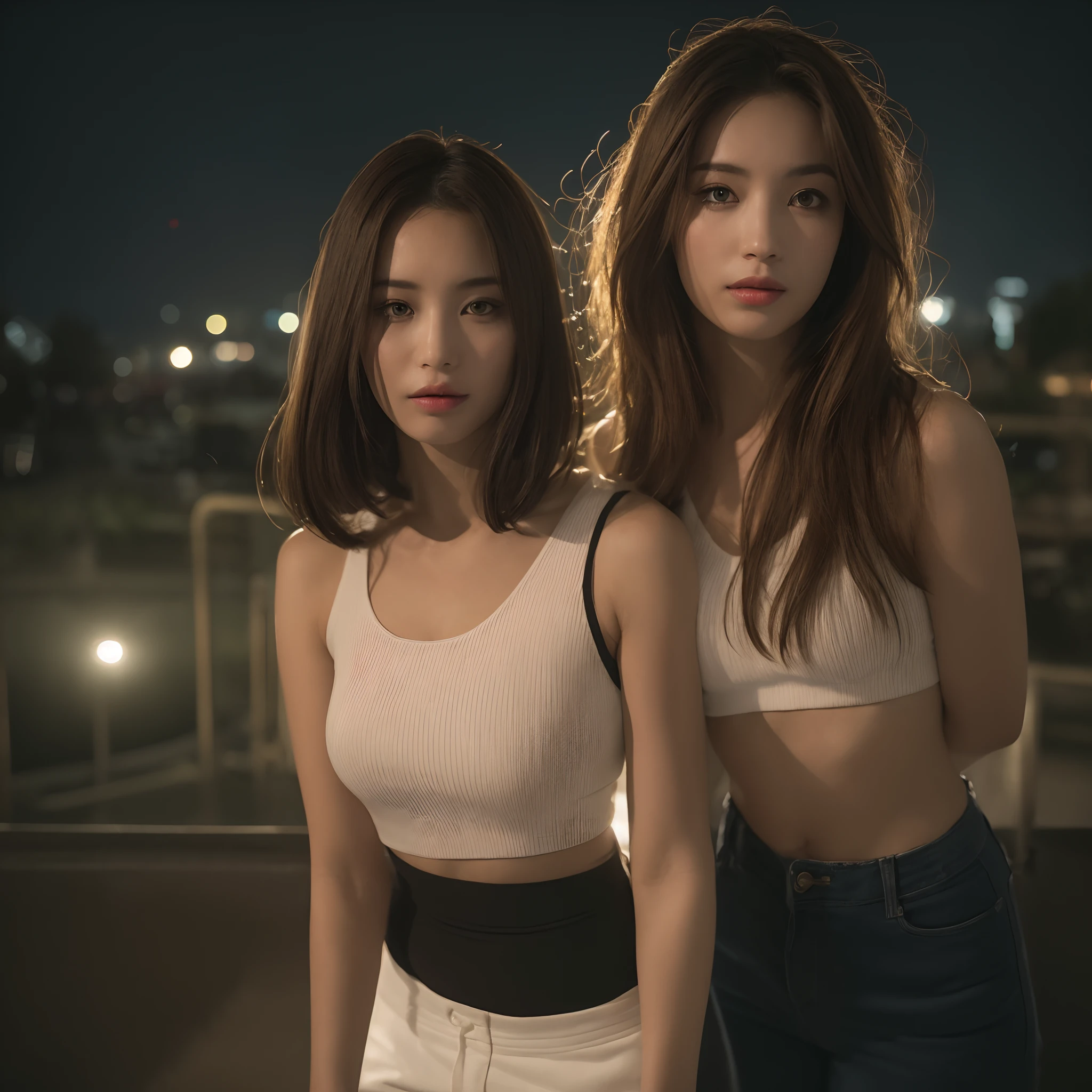 ((Realistic lighting, best qualtiy, 8K, tmasterpiece:1.3)), sharp fokus:1.2, Kizi, Beautiful Women with Perfect Figure:1.4, Slim abs:1.1, ((dark brown hair)), (White crop top:1.4),(exteriors,during night:1.1),Park view,Ultra-fine face,Fine eyes,二重まぶた,One guy