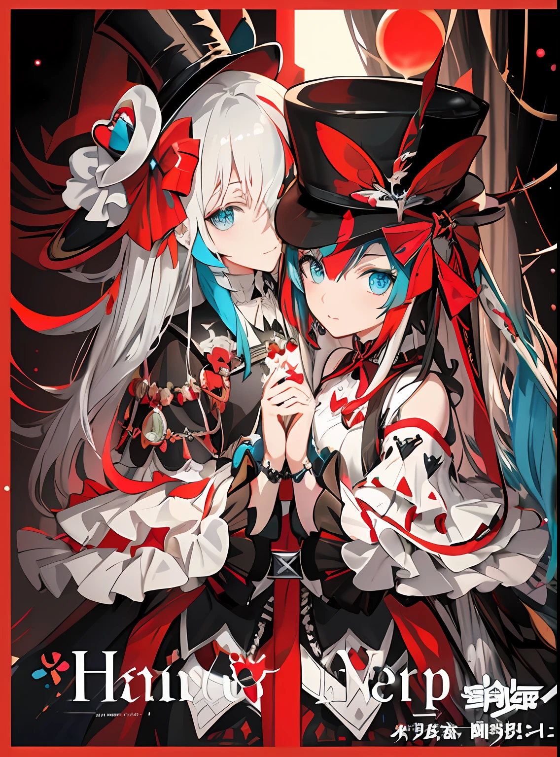 Close-up of people in hats and top hats, Kawasi, An anime cover, gothic harts, From Arknights, high detailed official artwork, shadowverse style, black and white with red hearts, Princess Harley, nightcore, Turquoise blue eyes,monochrome and red color bleed, light novel cover art, artbook artwork, Guviz-style artwork
