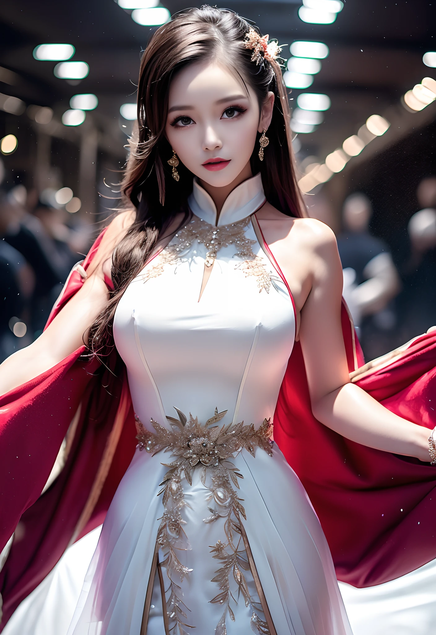 ( Yang Mi)((best qualtiy, 8k, tmasterpiece:1.3)), Focus:1.2, perfect figure beautiful woman:1.4, Cocked buttocks:1.2, ((long whitr hair:1.2)),, Highly detailed facial and skin texture, full bodyesbian,A detailed eye, 二重まぶた,Whiten skin,long whitr hair,(Melon seed face:1.5),(High-end gowns:1.6)、city night scene