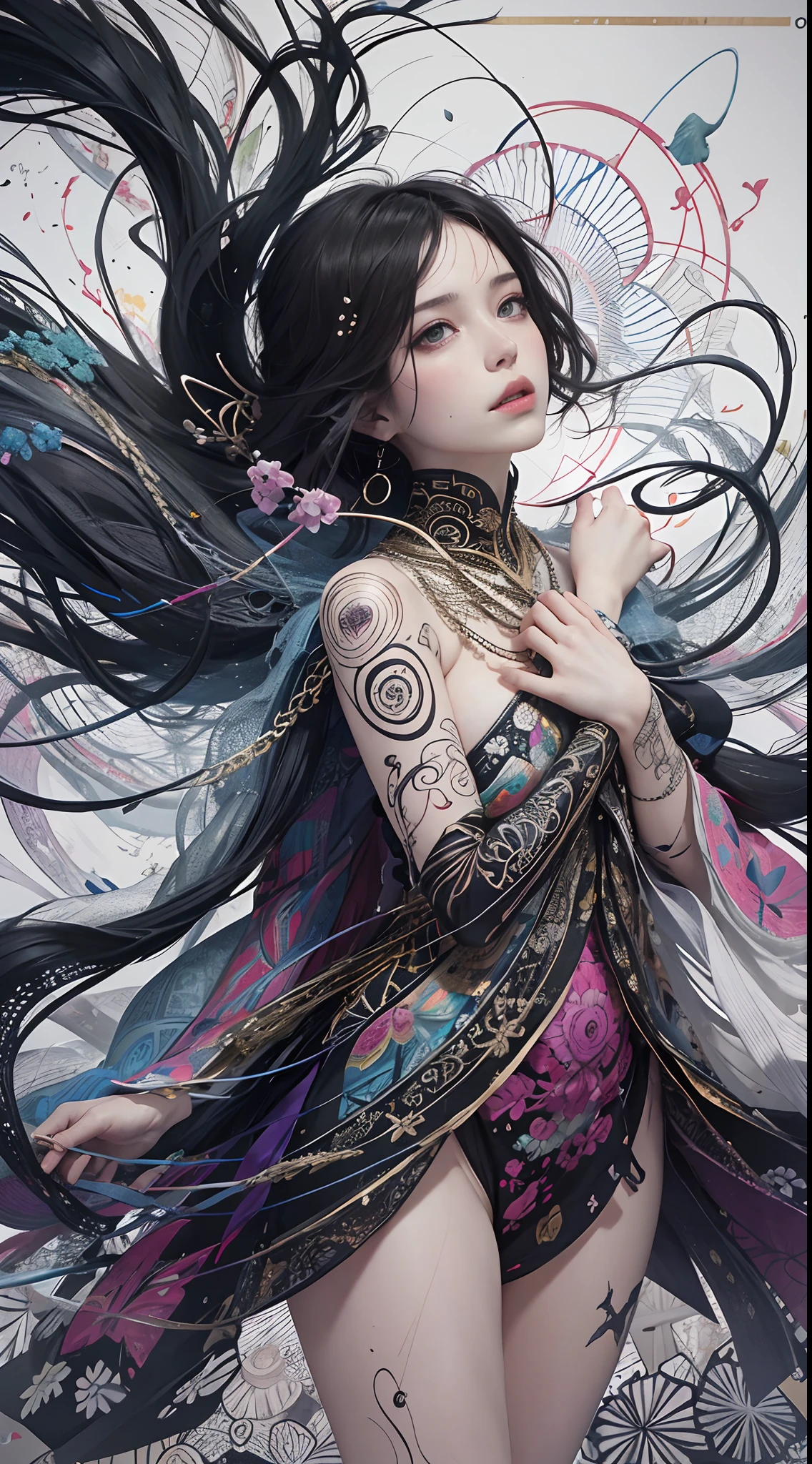 official art, unity 8k wallpaper, ultra detailed, beautiful and aesthetic, beautiful, masterpiece, best quality, (zentangle, mandala, tangle, entangle), dynamic angle, cowboyshot, the most beautiful form of chaos, elegant, a brutalist designed, vivid colours, romanticism, by james jean, roby dwi antono, ross tran, francis bacon, michal mraz, adrian ghenie, petra cortright, gerhard richter, takato yamamoto, ashley wood, atmospheric, enjoying a stream of music, where you can visualize the notes, ecstasy of musical notes, streaming musical notes visible