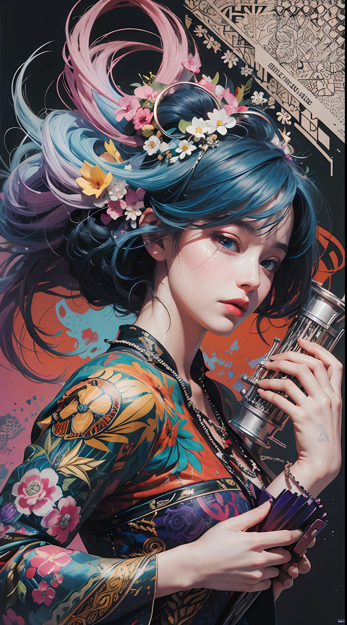 official art, unity 8k wallpaper, ultra detailed, beautiful and aesthetic, beautiful, masterpiece, best quality, (zentangle, mandala, tangle, entangle), dynamic angle, cowboyshot, the most beautiful form of chaos, elegant, a brutalist designed, vivid colours, romanticism, by james jean, roby dwi antono, ross tran, francis bacon, michal mraz, adrian ghenie, petra cortright, gerhard richter, takato yamamoto, ashley wood, atmospheric, enjoying a stream of music, where you can visualize the notes, ecstasy of musical notes, streaming musical notes visible