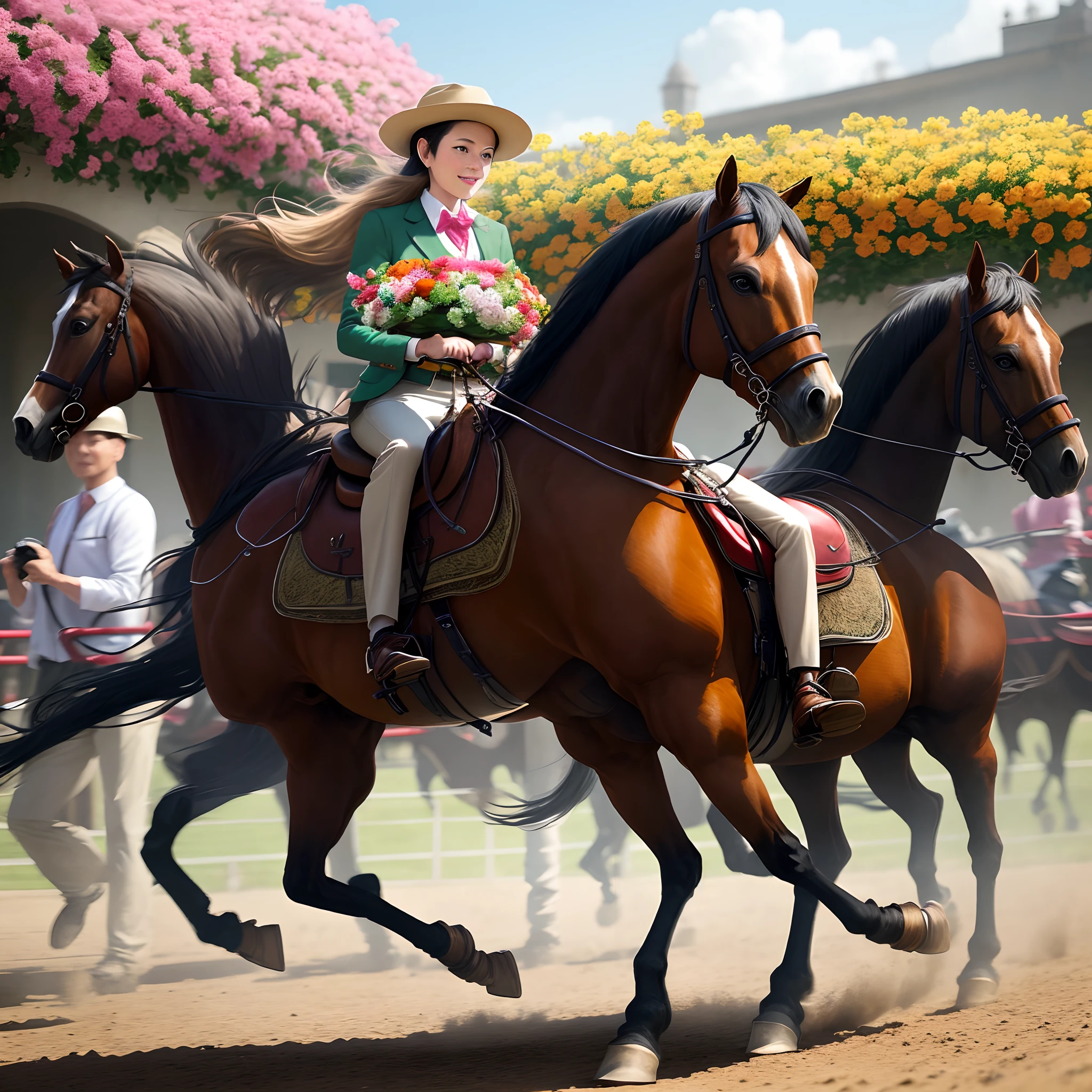 Tourists ride horses with flowers in their hands