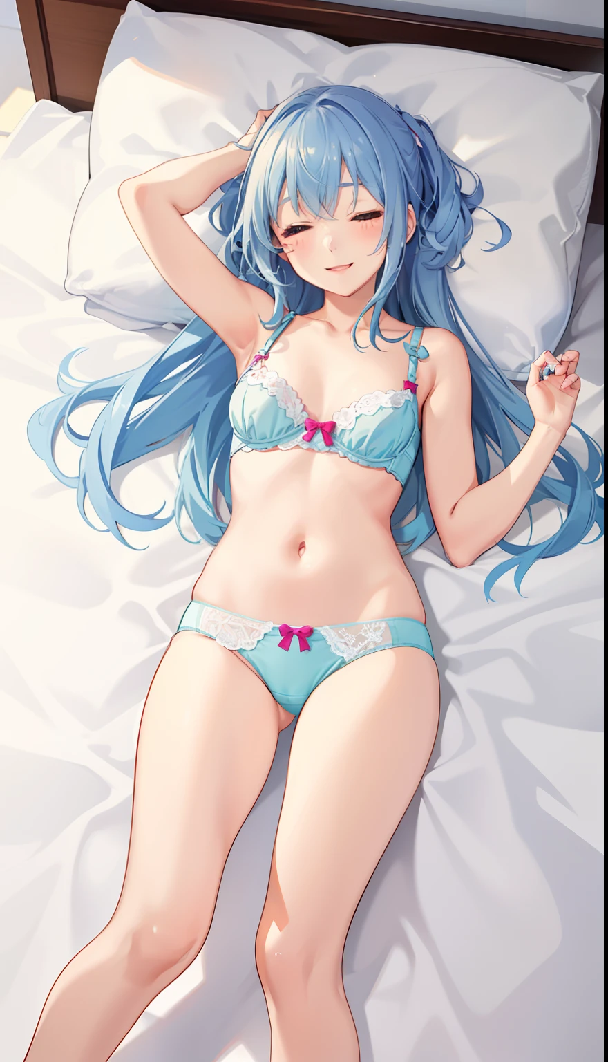 1girl in、A smile、A delightful! Cute underwear、(small tits)、s asleep、Sleeping in large letters、
