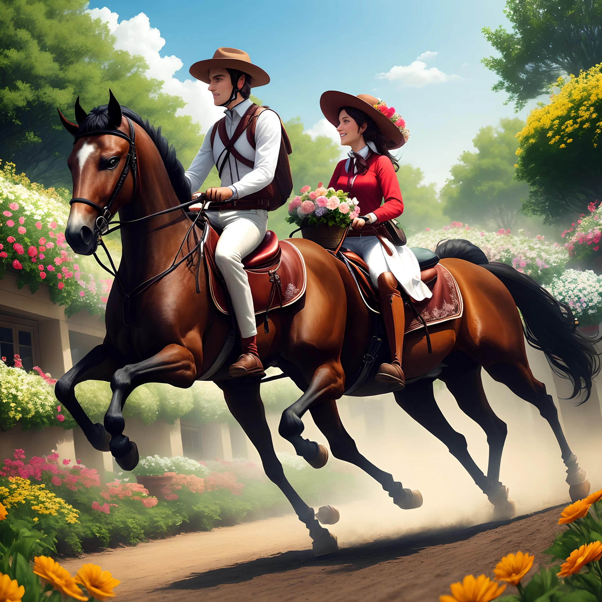 Tourists ride horses with flowers in their hands
