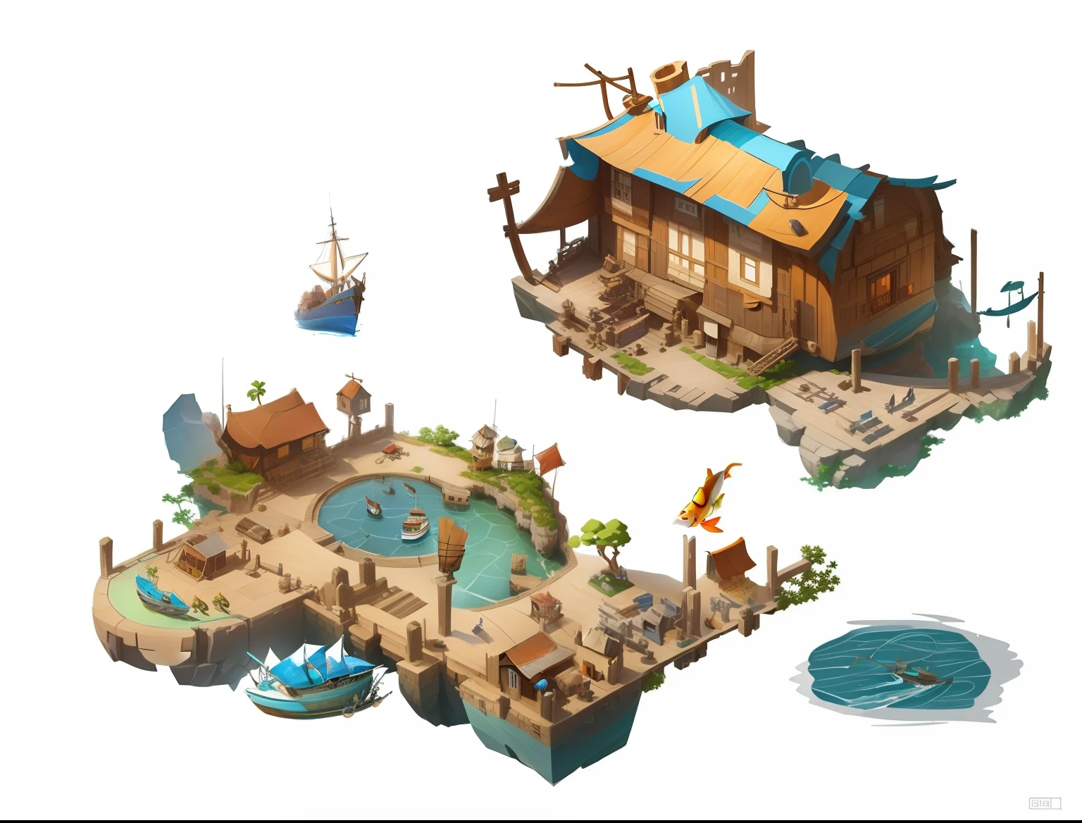 A cartoon illustration of a boat with a fish on it, Stylized concept art, Stylized game art, dofus, painted as a game concept art, isometric game art, 2d game environment design, fishing town, isometric 2 d game art, ingame image, Mobile game art, concept-art, concept-art, Mediterranean fishing village, Game design concept art