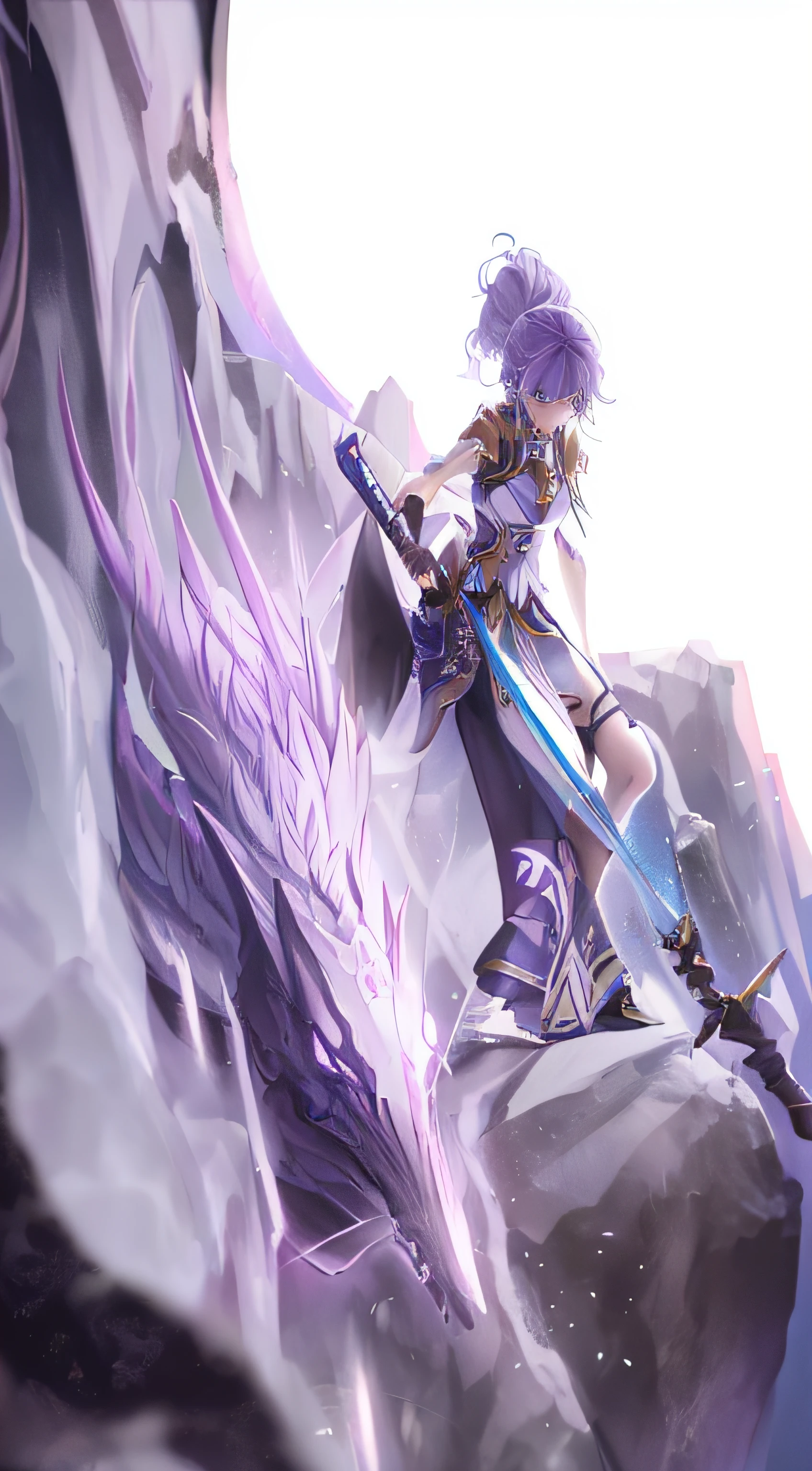 Anime girl sitting on a rock with sword and purple hair, Anime fantasy illustration, style of anime4 K, Badass anime 8 K, Anime art wallpaper 8 K, by Yang J, 2. 5 D CGI anime fantasy artwork, Anime fantasy artwork, Anime art wallpaper 4 K, Anime art wallpaper 4k, Fantasy art style, Extremely detailed Artgerm, Epic fantasy art style