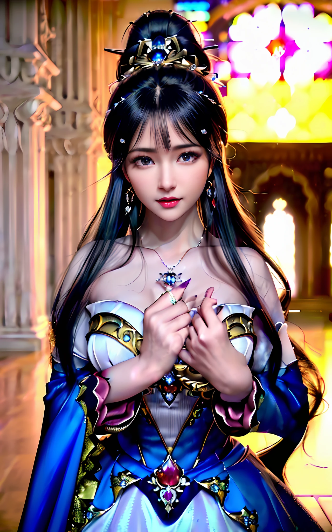 ((realisticity: 1.2)), ((realistic: 8K UHD)), ((best resolution: 8K UHD)), hyper detailed, best quality,masterpiece,highres,cg, ((1 girl hyper detailed and hyper realistic) ) , ((beautiful queen, hyper realistic and hyper detailed)),((white skin, beautiful, smooth, youthful, hyper realistic and hyper detailed )), ((Face hyper beautiful, white, hyper realistic and hyper detailed ) ), long hair, ((hyper realistic and hyper detailed dress)), solo, ((hyper realistic, hyper beautiful, beautiful and hyper detailed jewelry)), ((hyper beautiful deep red and golden yellow dress, hyper realistic and hyper detailed )) , ((Her pretty, hyper realistic, hyper detailed diamond filled earrings)), ((Her gorgeous diamond haircut, hyper realistic and hyper detailed)), ((hyper pretty upper body, hyper beautiful, hyper realistic and hyper detailed) ), ((medium breast: 1.5)), ((hyper realistic, hyper pretty, hyper detailed boobs)), ((the backgroun of the royal palace is hyper majestic, hyper realistic and hyper detailed)),((hands and palms hyper beautiful, hyper detailed, hyper realistic)), ((fingers: pinky finger, index finger, ring finger, middle finger, and thumb hyper realistic, hyper detailed, hyper beautiful)), ((hyper pretty, hyper pretty, hyper realistic and hyper detailed hair bun)), ((hyper pretty , hyper realistic and hyper detailed blue hair)), candid, Photo, high resolution, 8k , bokeh,