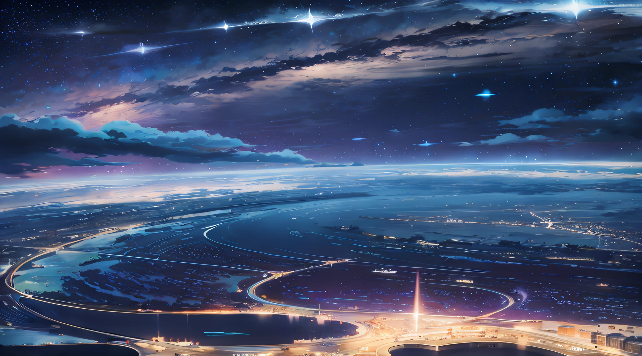 Anime scene of a city with stars and clouds at night, Cosmos Sky. By Makoto Shinkai, 4k highly detailed digital art, 4K anime wallpaper, Makoto Shinkai Cyril Rolando, Anime wallpaper 4 k, Anime wallpaper 4K, Anime art wallpaper 4 K, Anime art wallpaper 4k, anime backgrounds