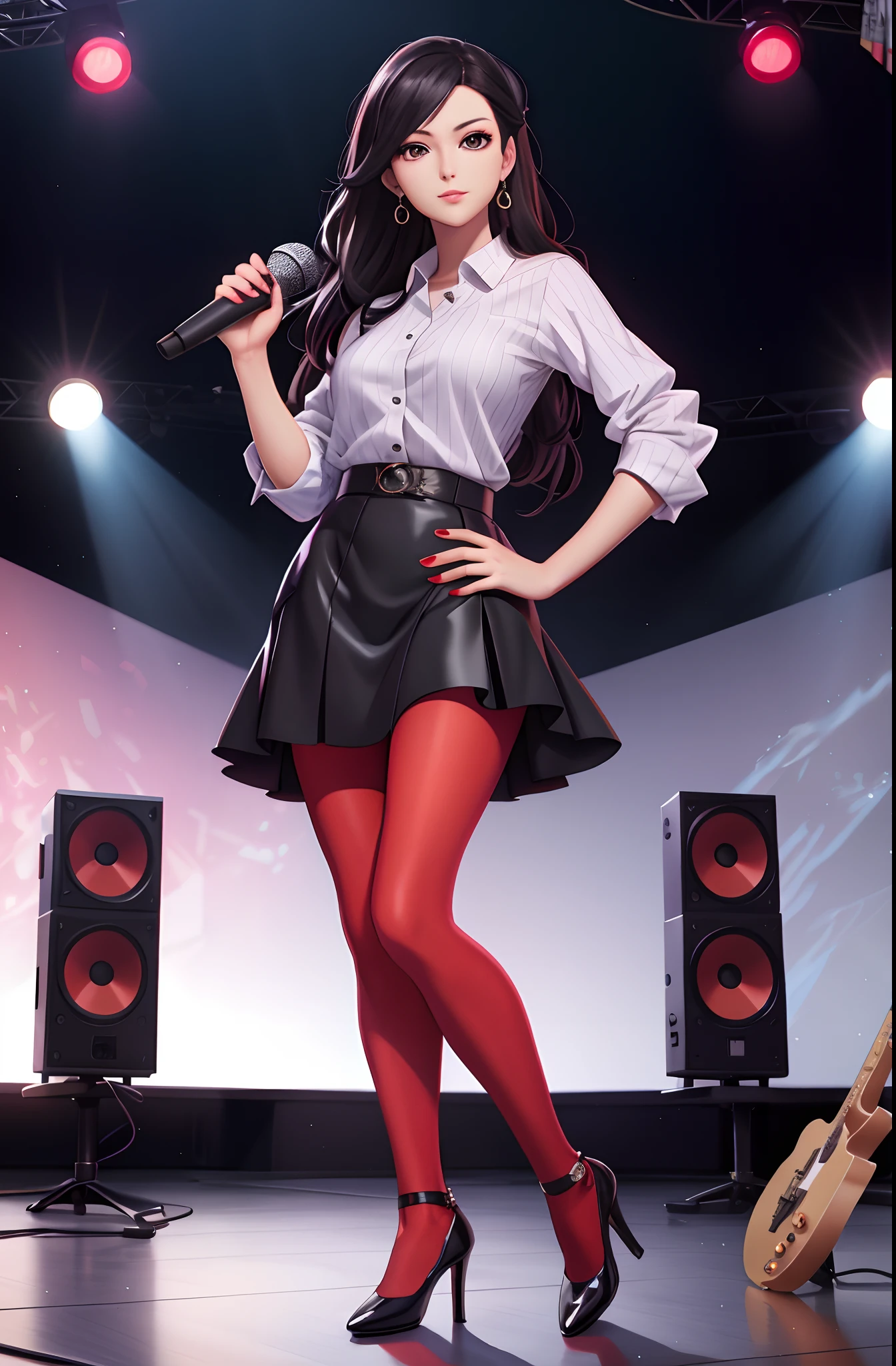 Araki woman holding microphone in black dress and red tights, IG model | Art germ, in the style artgerm, Range Murata and Artgerm, Extremely detailed Artgerm, Style Artgerm, tohsaka-rin, Artistic germ style, art-style, Artgerm and Atey Ghailan,singers,Light and shadow effects,film effect,llight rays