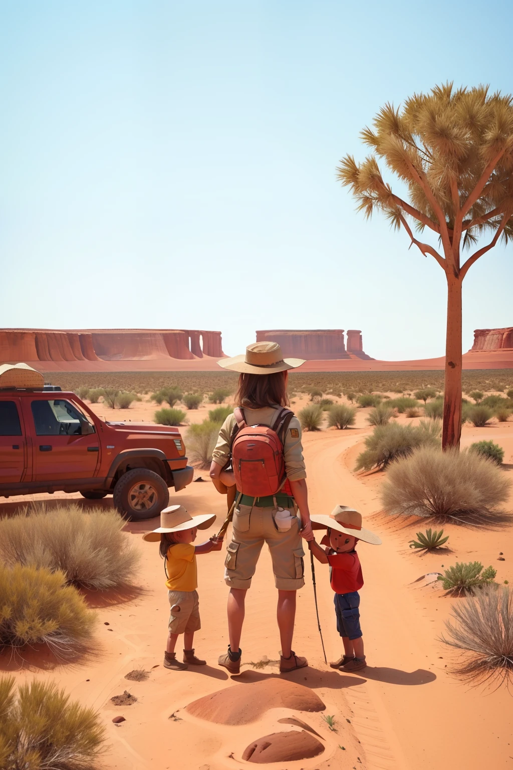 Embark on an Australian outback journey with The Bucket List Family. Garrett, dressed practically in desert-ready attire, stands against the iconic red earth and scrubby vegetation. Jess, her sun-kissed skin glowing, rides a camel with their youngest child while their older children interact with the animals. The vast desert landscape extends beyond, with rugged rock formations adding depth to the scene.