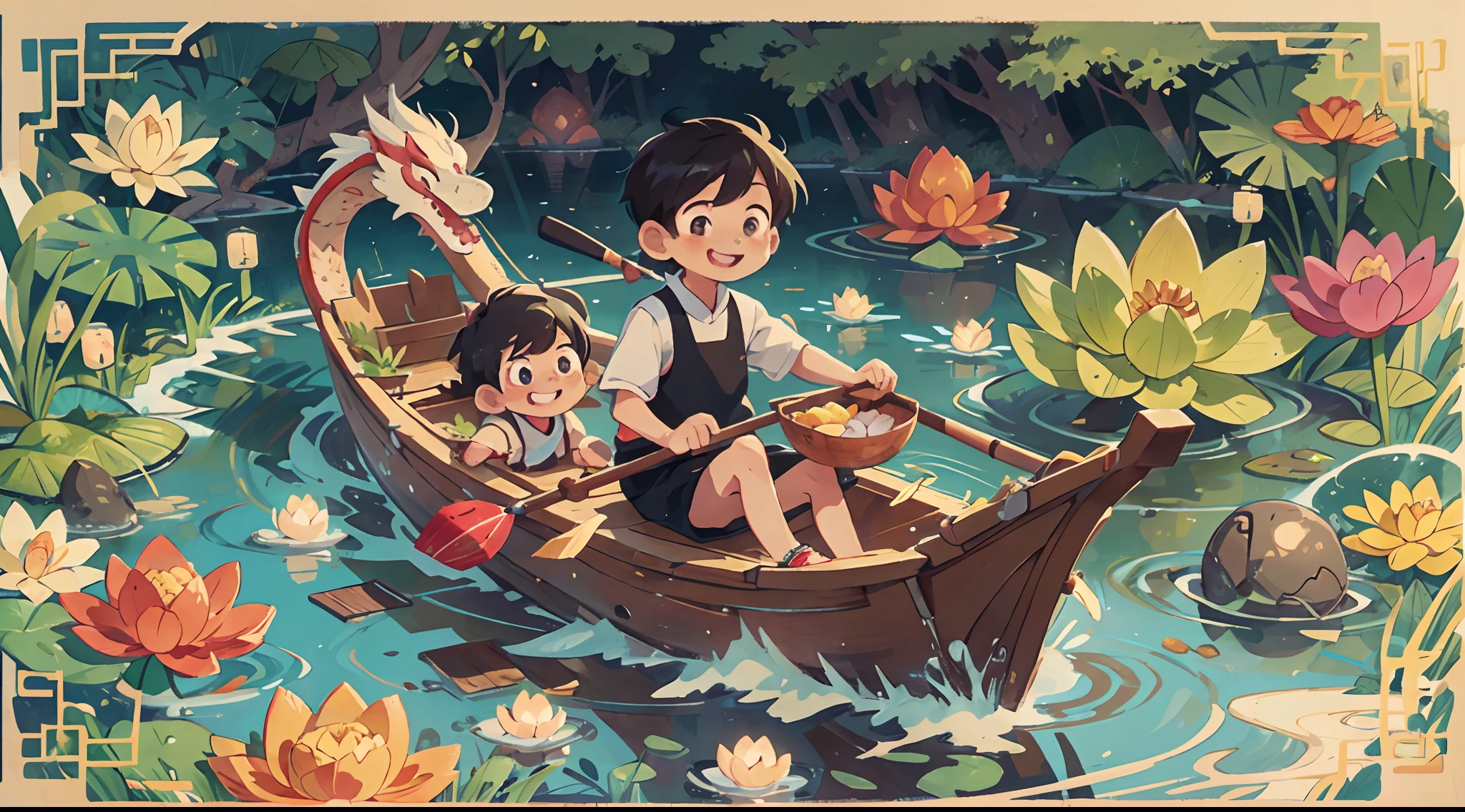 Chinese Dragon Boat Festival scene, a cute little boy from Chinarowing a Chinese dragon boat, he is happy and smiling, ricedumplings, lotus lanterns floating in the river, bright background, filmshot, art nouveau style, organic smooth lines, futuristic Colorful wavesof pie, intricate and bizarre illustrations, swirls, colorful turbulence,high-resolution ultra-detailed --s 400