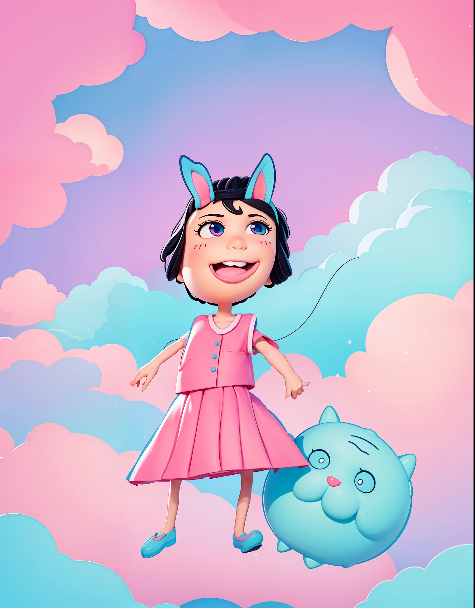 A little girl has a pair of rabbit ears,Black hair,ssmile,Big eyes,Carry toy pets with you,Cyan skirt，Pink clothes,colourful background，Dreamy colors，Colorful clouds